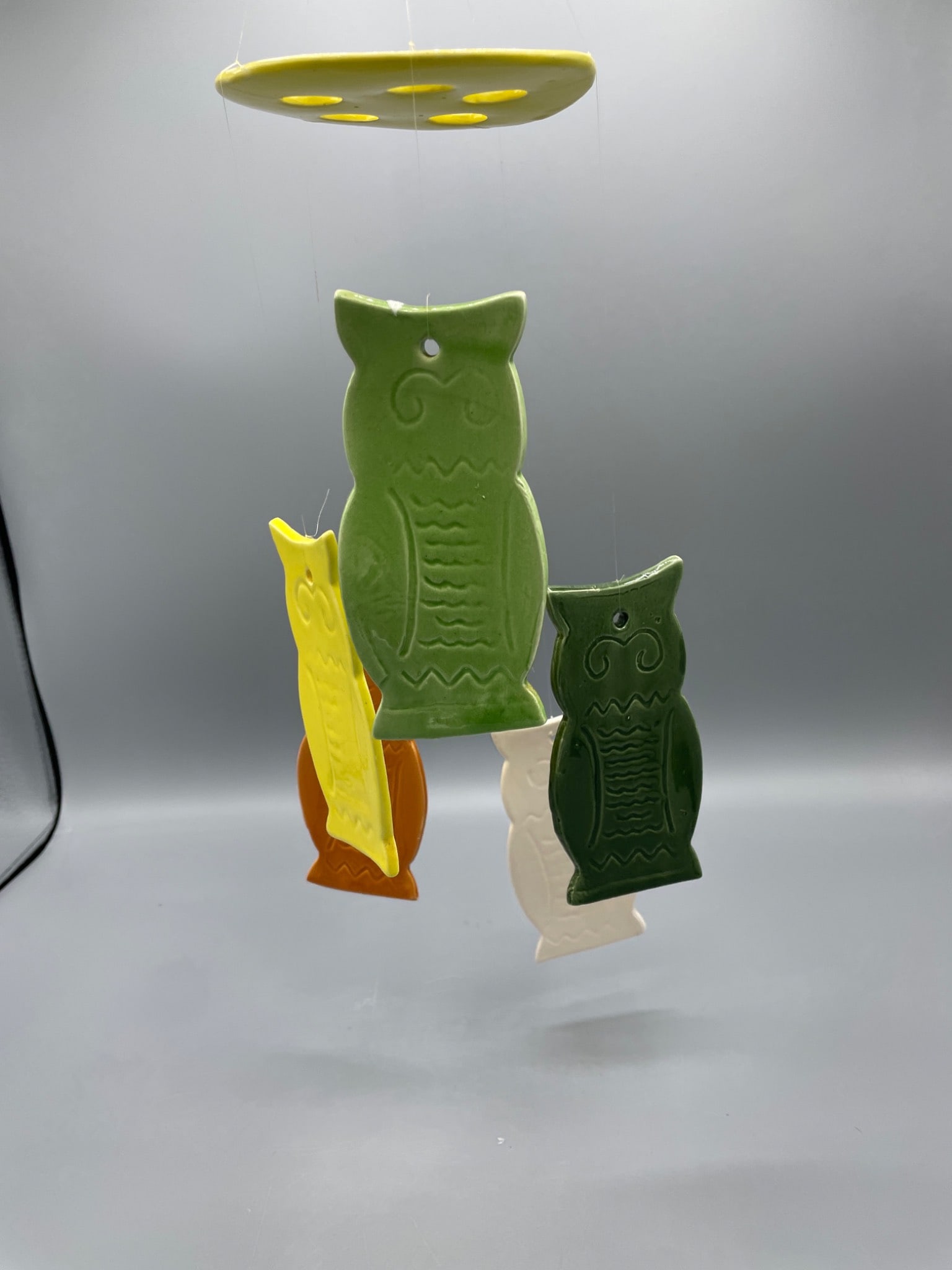 Hanging Ceramic Owl Mobile With Multicolored Glazed Components - 2