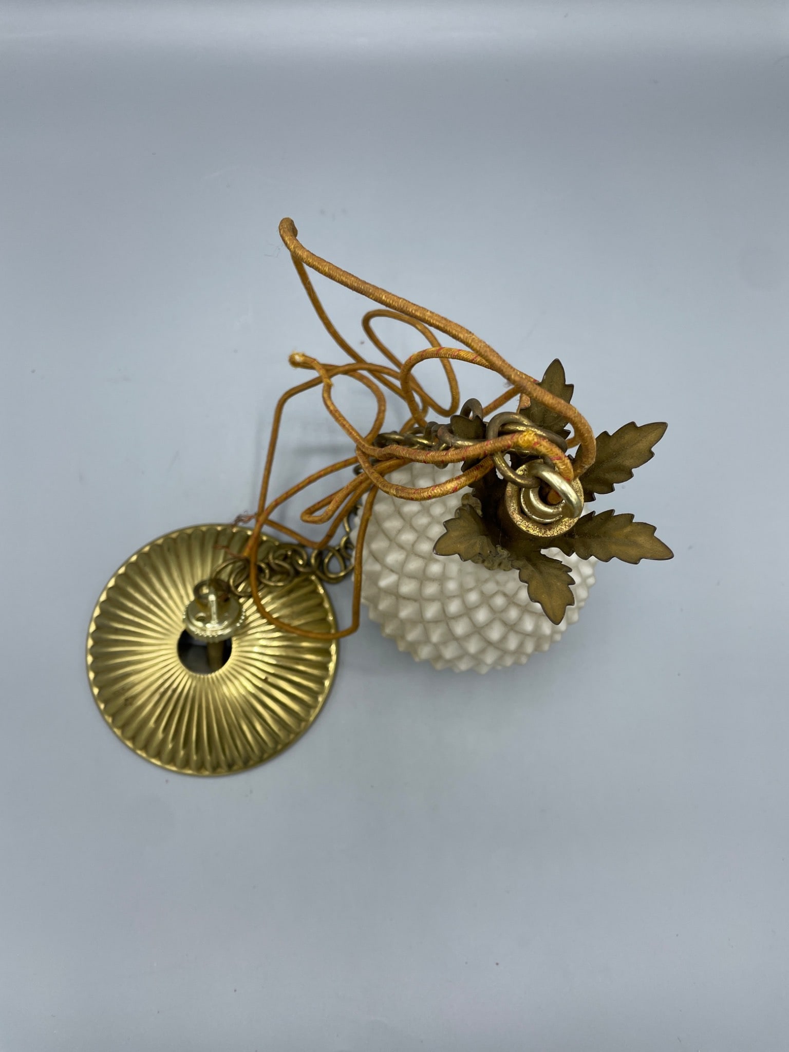 Mid century Hanging Light pineapple Fixture with Textured Glass and Brass Accents - 2