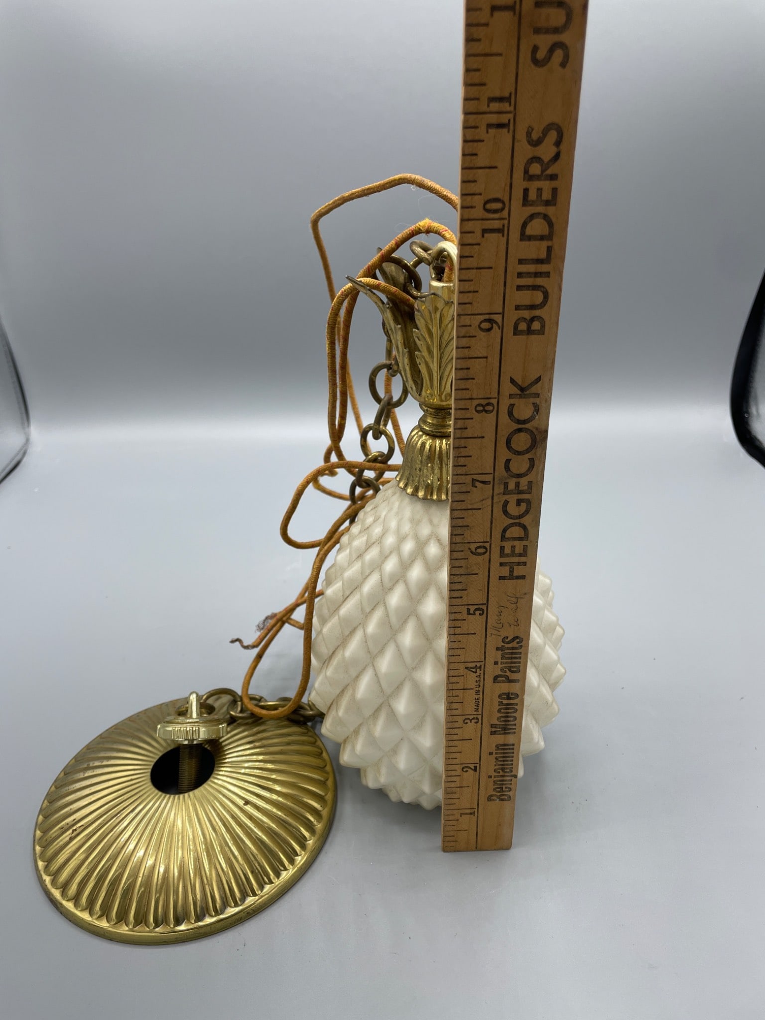 Mid century Hanging Light pineapple Fixture with Textured Glass and Brass Accents - 4