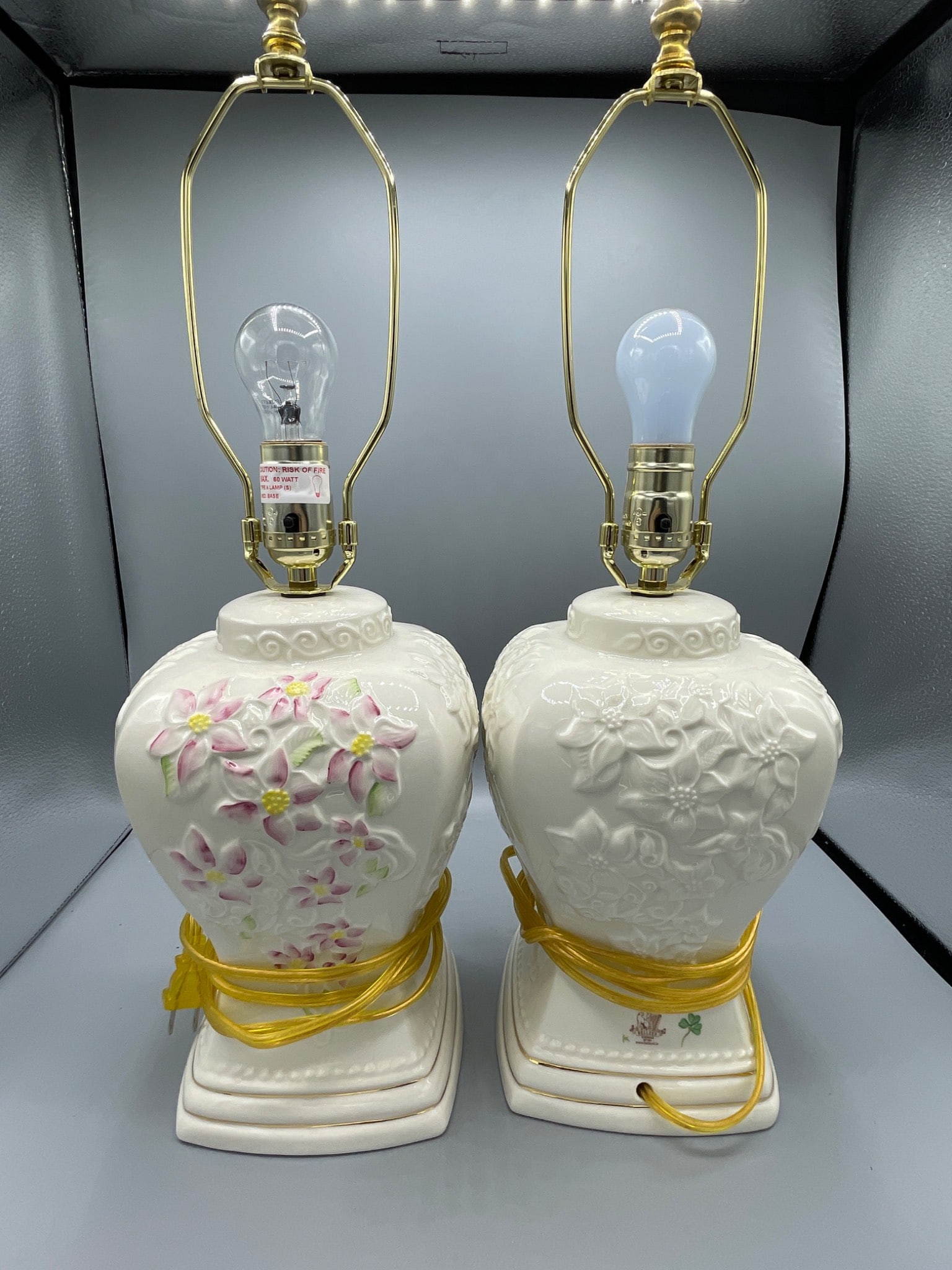 Belleek Ireland Porcelain Table Lamps, 22 Inches Tall, Pair - 3