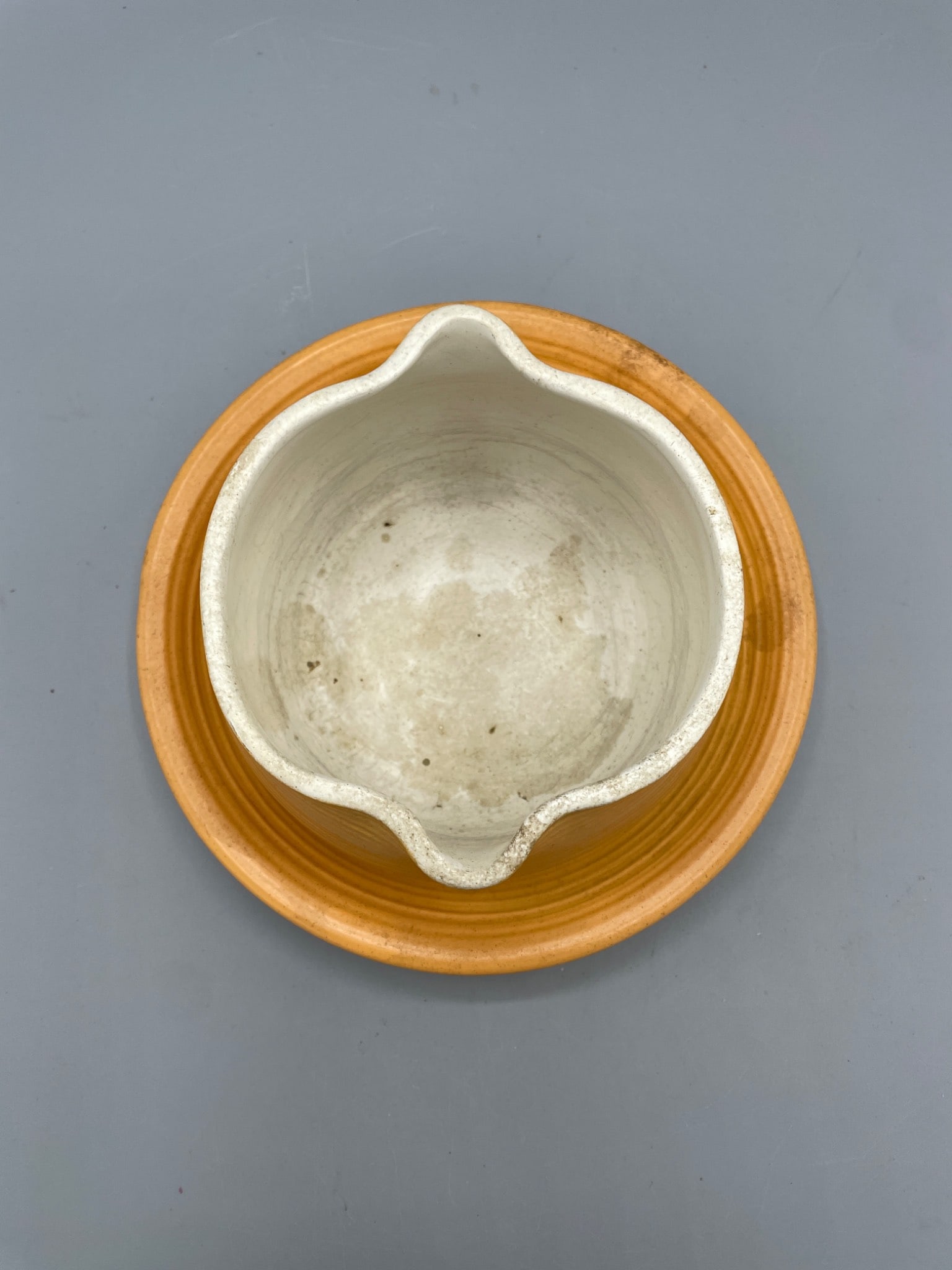 Orange and White Two-Piece Ceramic Serving Bowl with Saucer, Marked - 2