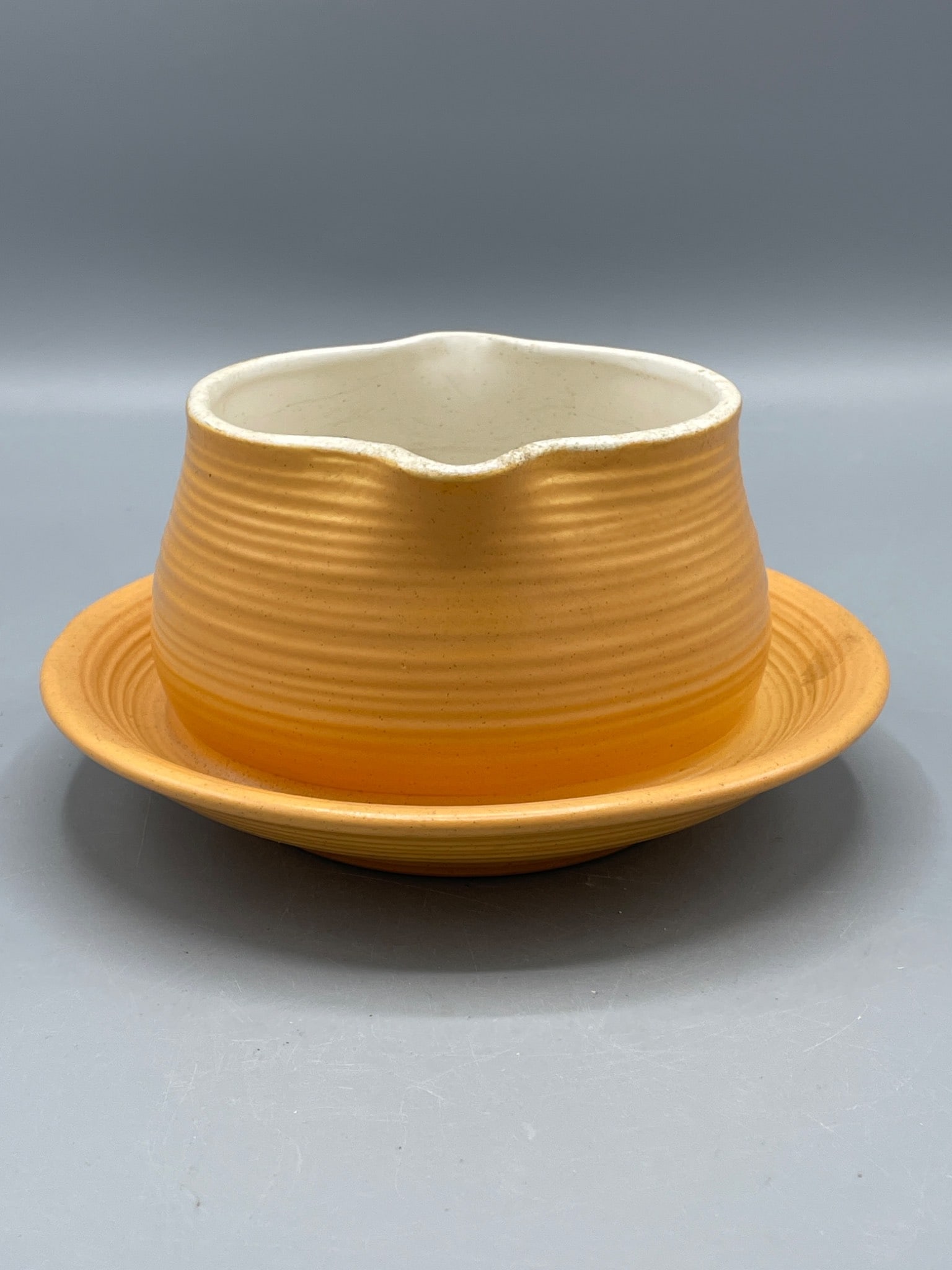 Orange and White Two-Piece Ceramic Serving Bowl with Saucer, Marked - 3