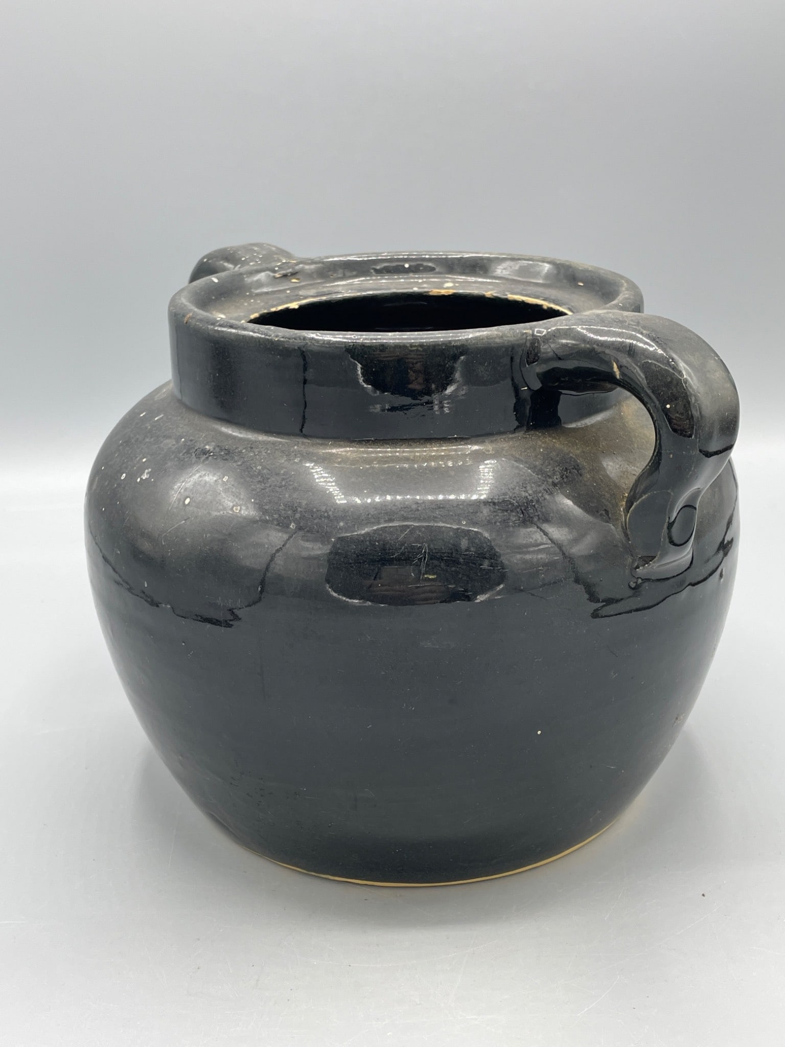 Two-Handled Black Ceramic Jar with Glazed Finish - 2