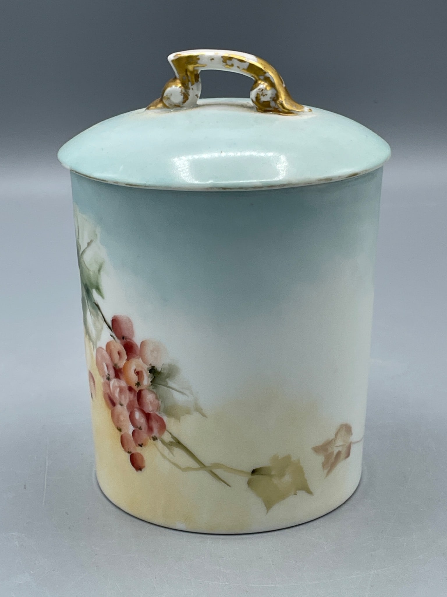 Limoges France Porcelain Jar with Lid, Hand-Painted Grapes Design - 2