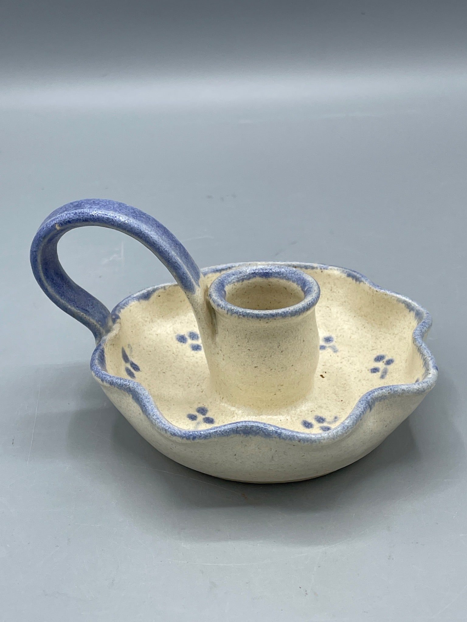 Handcrafted Ceramic Chamberstick Candle Holder Signed 'Willie 83' with Blue Accents - 2