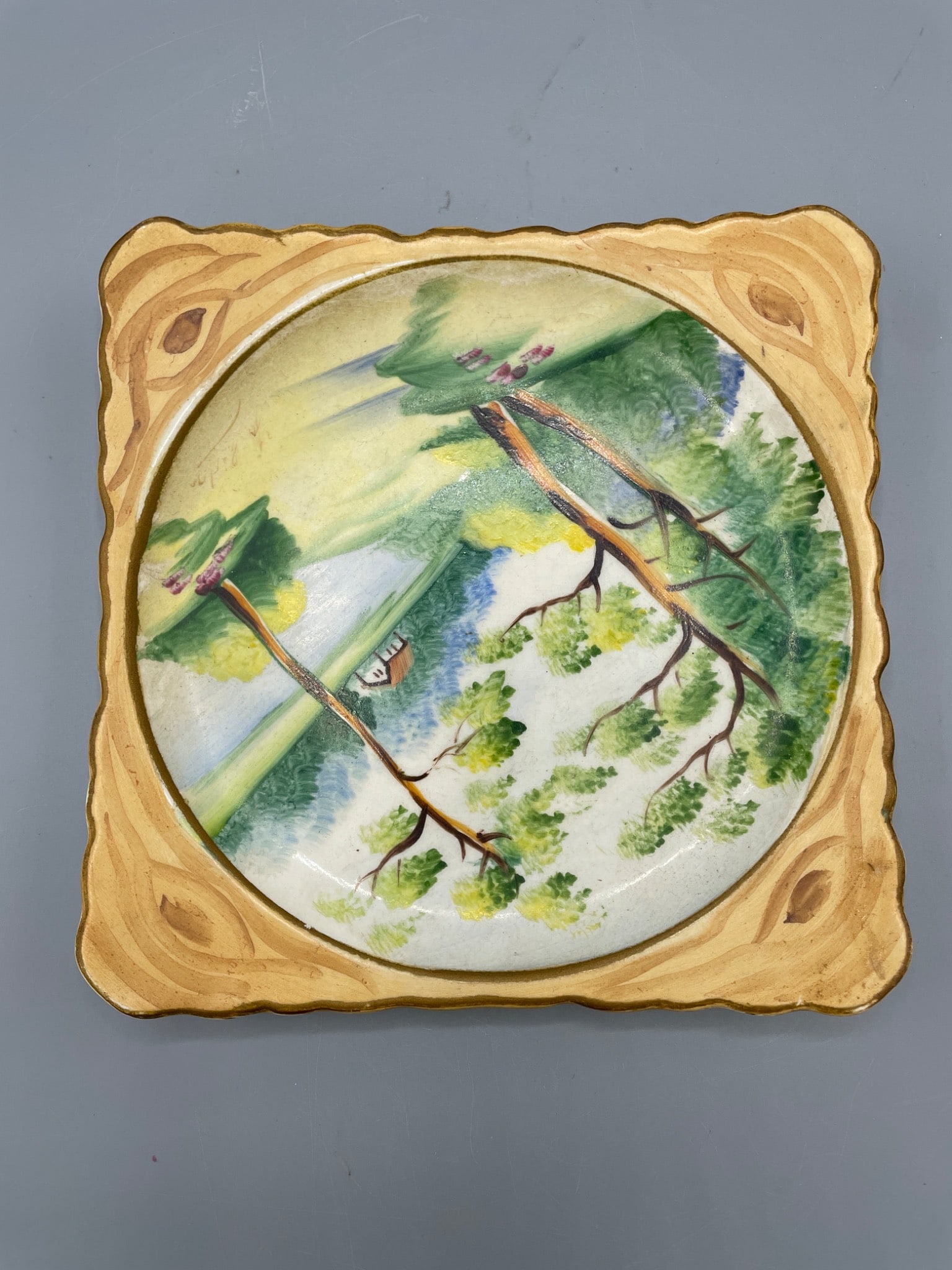 Hand-Painted Square Ceramic Plate with Landscape Design - 3