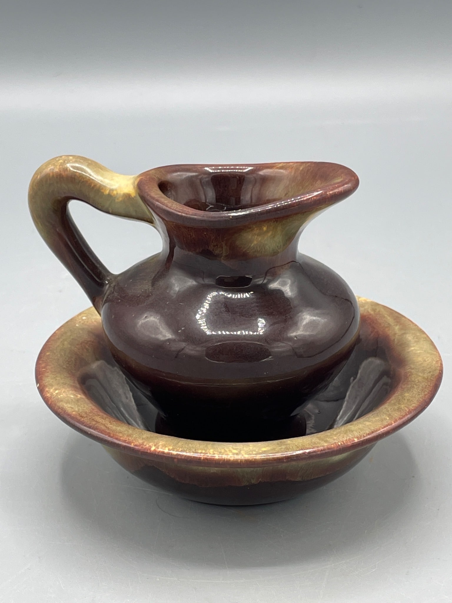 Ceramic Pitcher and Bowl Set with Stamped Base Markings, Approximately 3 Inches Tall - 2