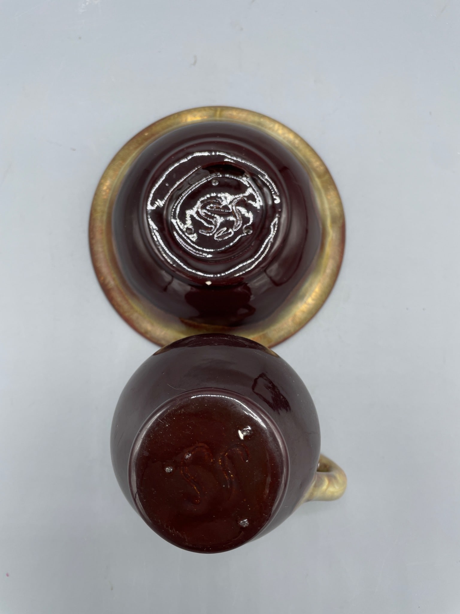 Ceramic Pitcher and Bowl Set with Stamped Base Markings, Approximately 3 Inches Tall - 4