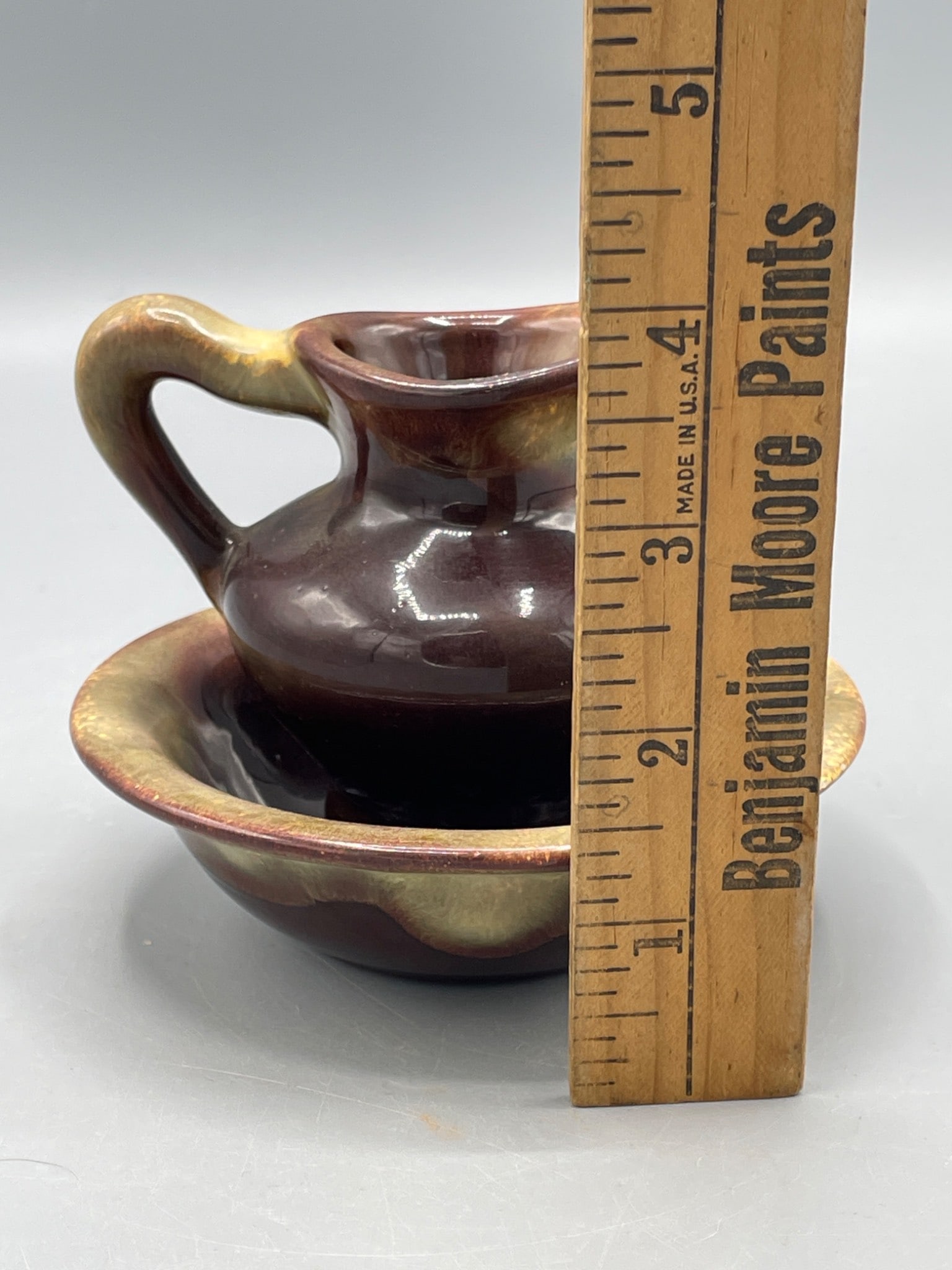 Ceramic Pitcher and Bowl Set with Stamped Base Markings, Approximately 3 Inches Tall - 6