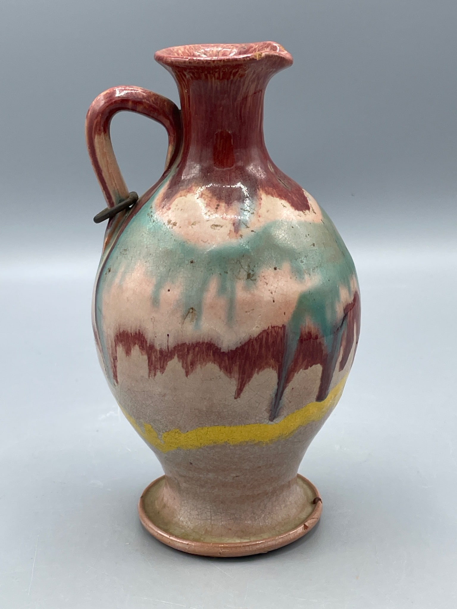 Ceramic Pitcher with Multicolored Glaze and Handle, Approx. 8 Inches Tall - 2