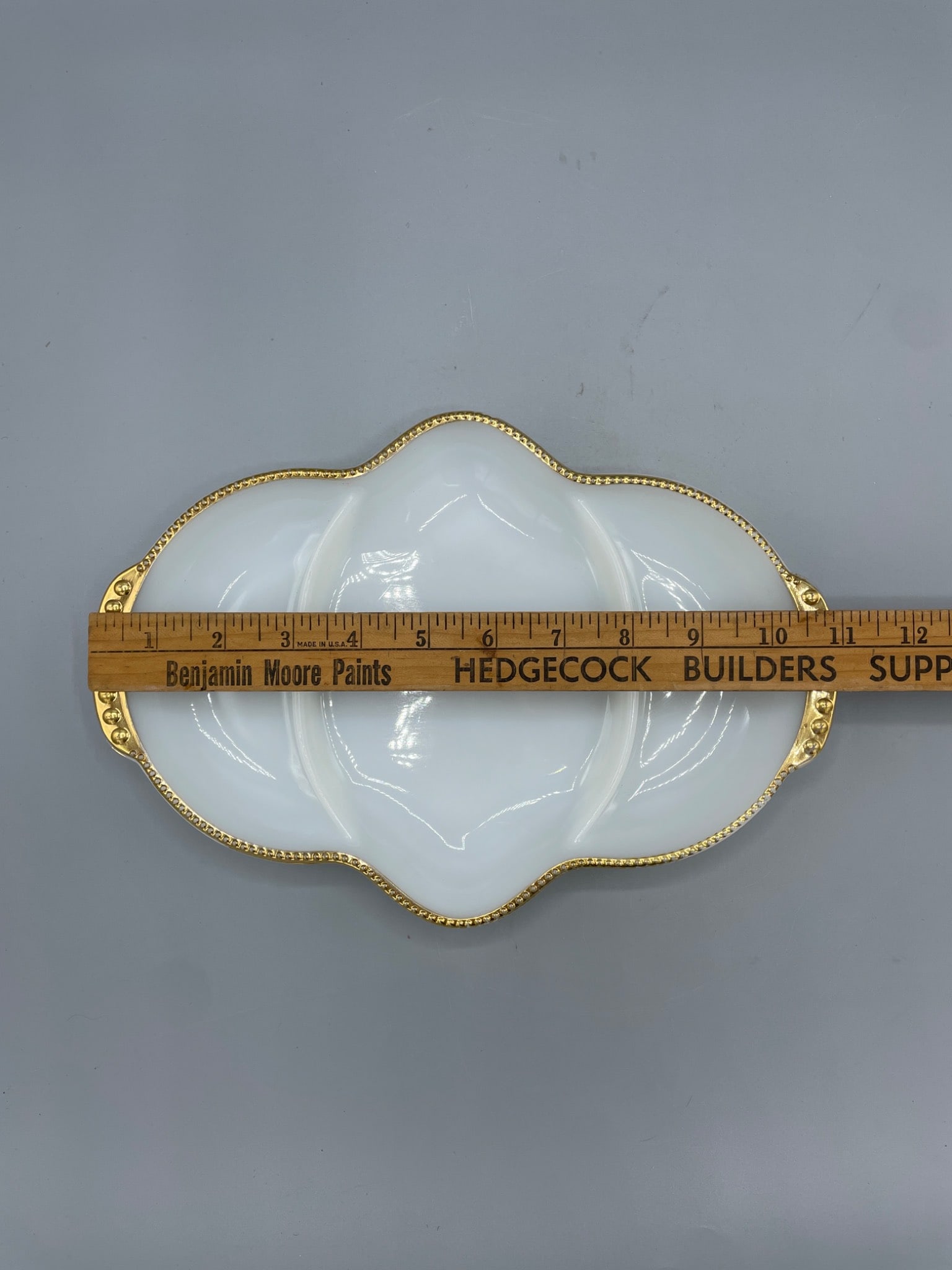 Fire-King Divided Milk Glass Dish with Gold Trim - 6