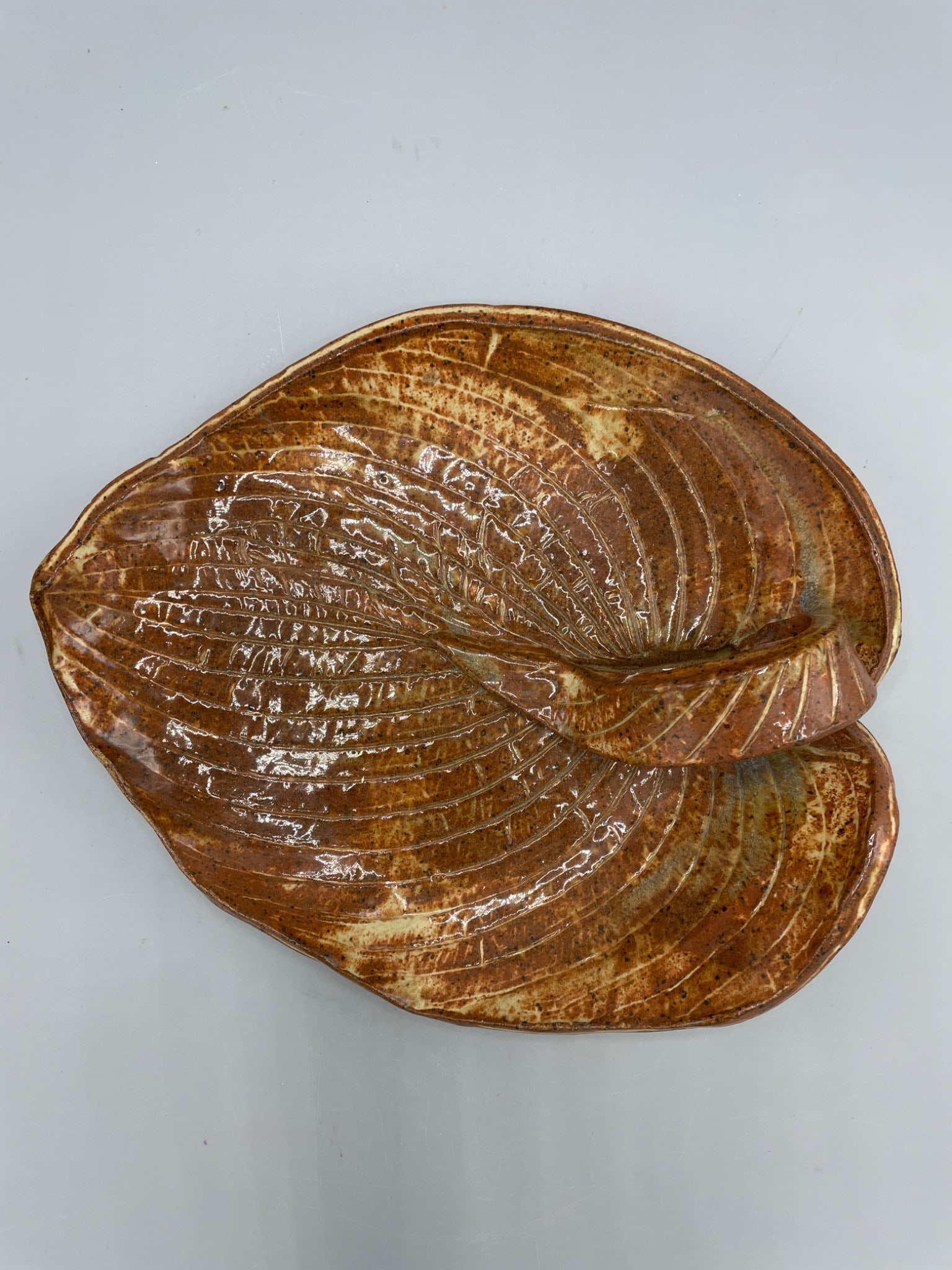Hand-Formed Ceramic Dish With Leaf Design and Maker's Mark - 2