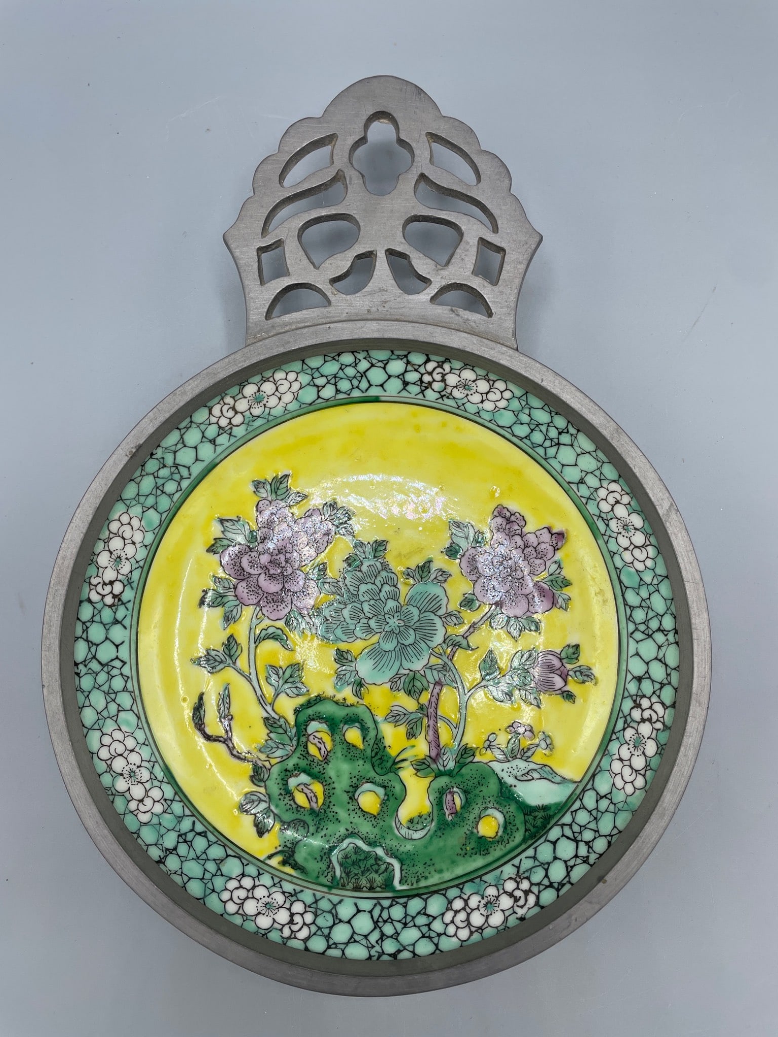 Wall Plaque Pewter, Made in Hong Kong, Featuring Multicolored Ceramic Inlay - 2