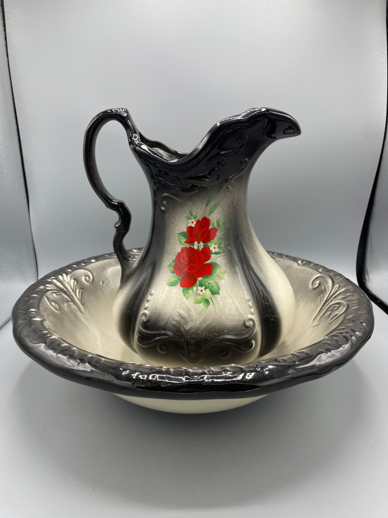 Ironstone 1890 England Pitcher and Basin Set with Red Floral Design - 2
