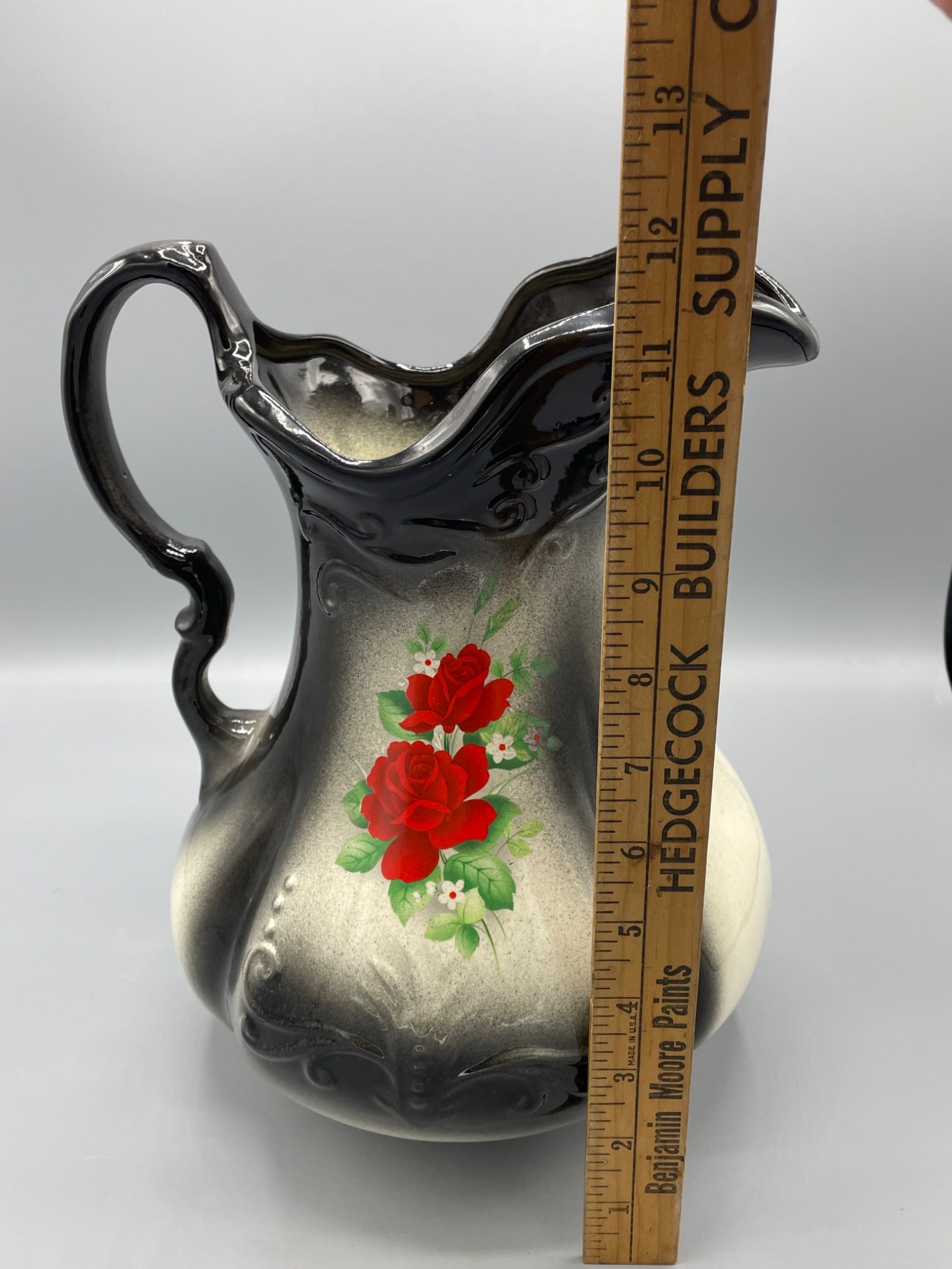 Ironstone 1890 England Pitcher and Basin Set with Red Floral Design - 7