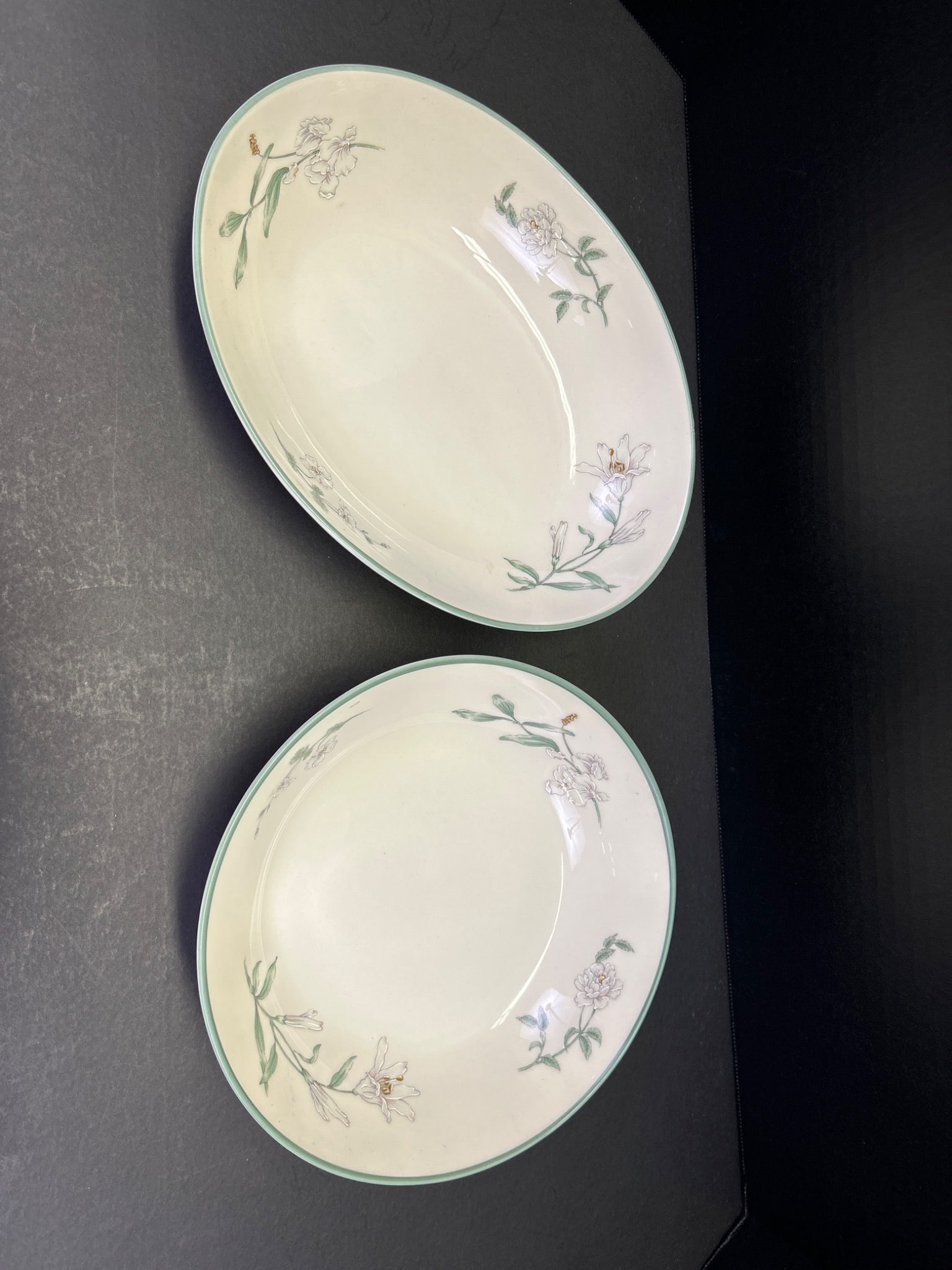 Two Serving Bowls With Floral Pattern and Green Rim - 2