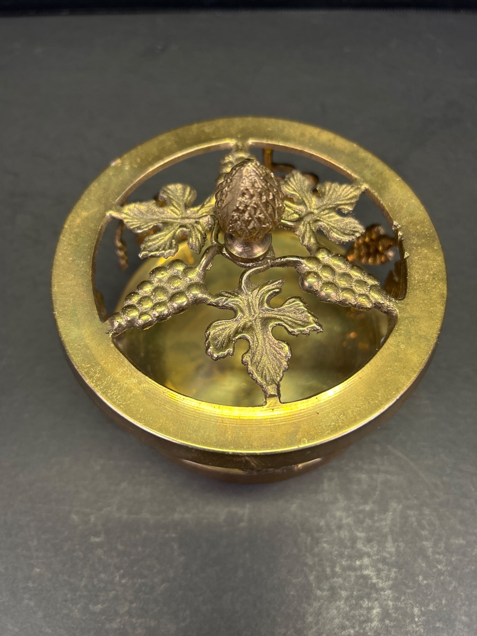 Brass Container With Grape Motif and Finial Lid - 2