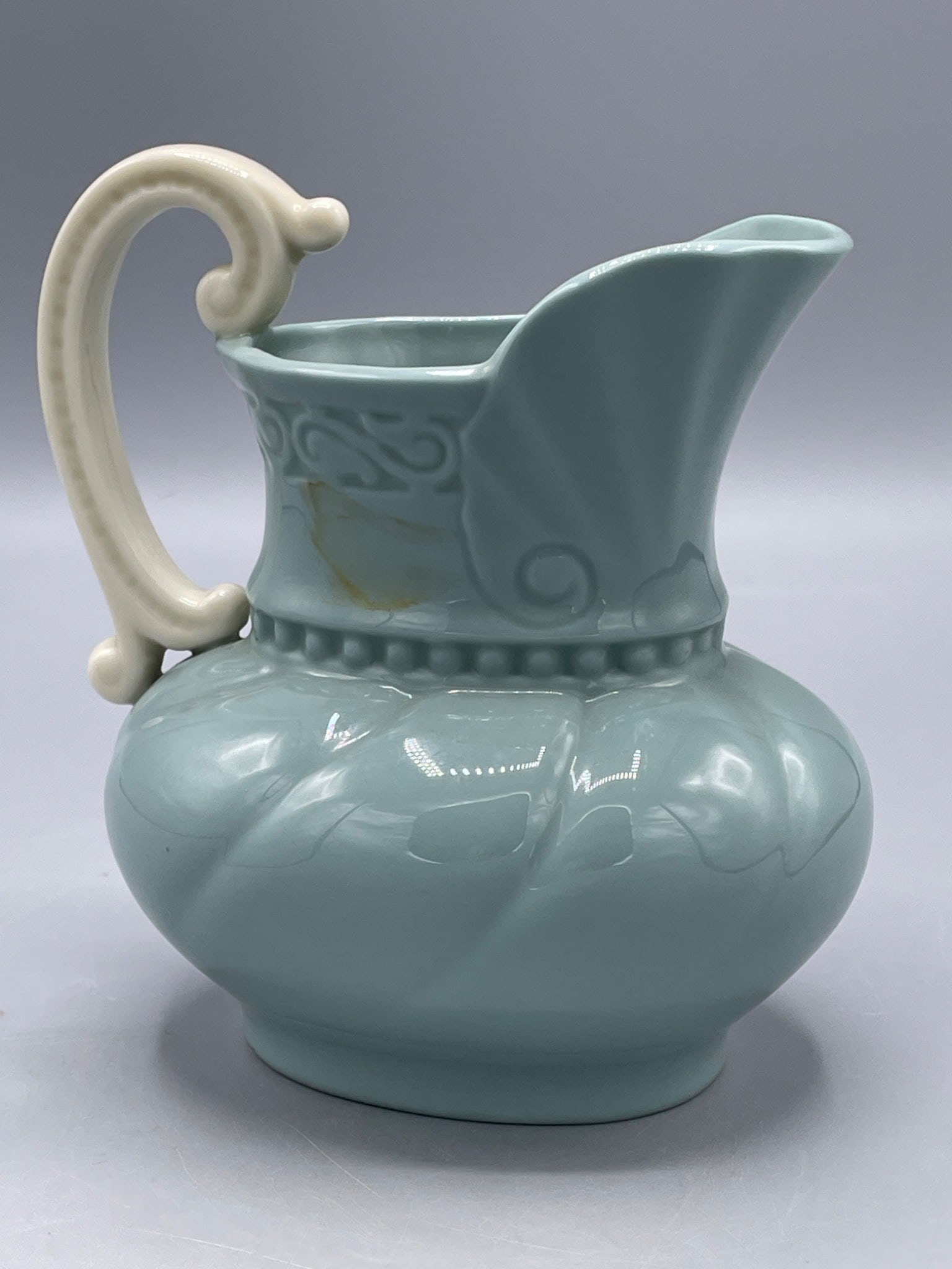 Lenox Pale Blue Ceramic Pitcher with Embossed Design, Made in USA - 2
