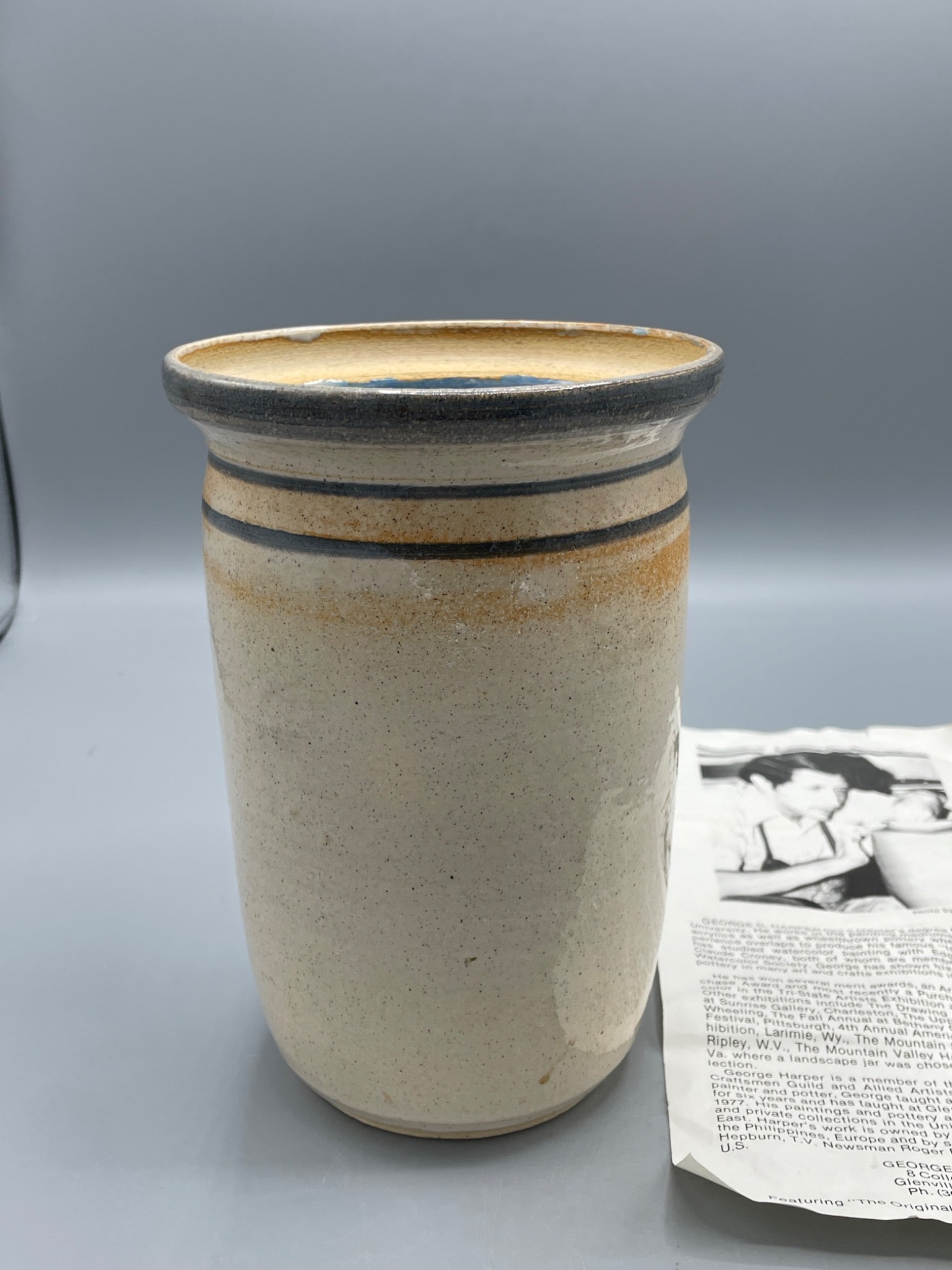 G. Harper 1980 Stoneware Vessel with Hand-Painted Landscape in Blue Glaze - 3