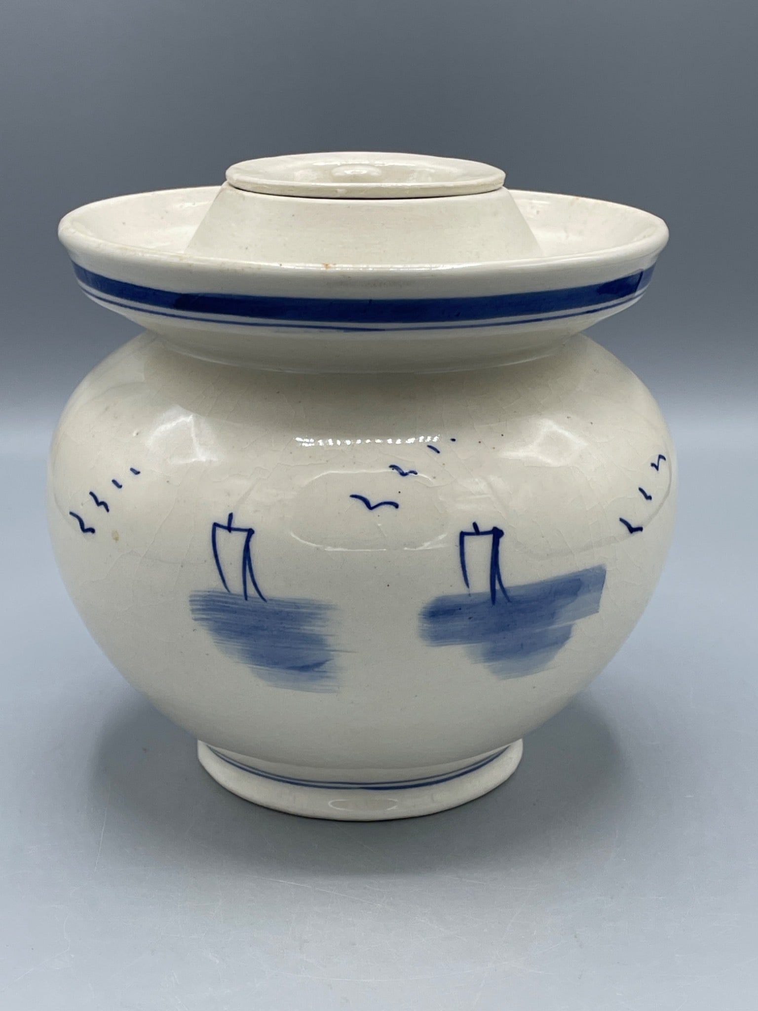 Chinese Ceramic Jar with Lid, Blue and White Landscape Design, Made in PRC - 2