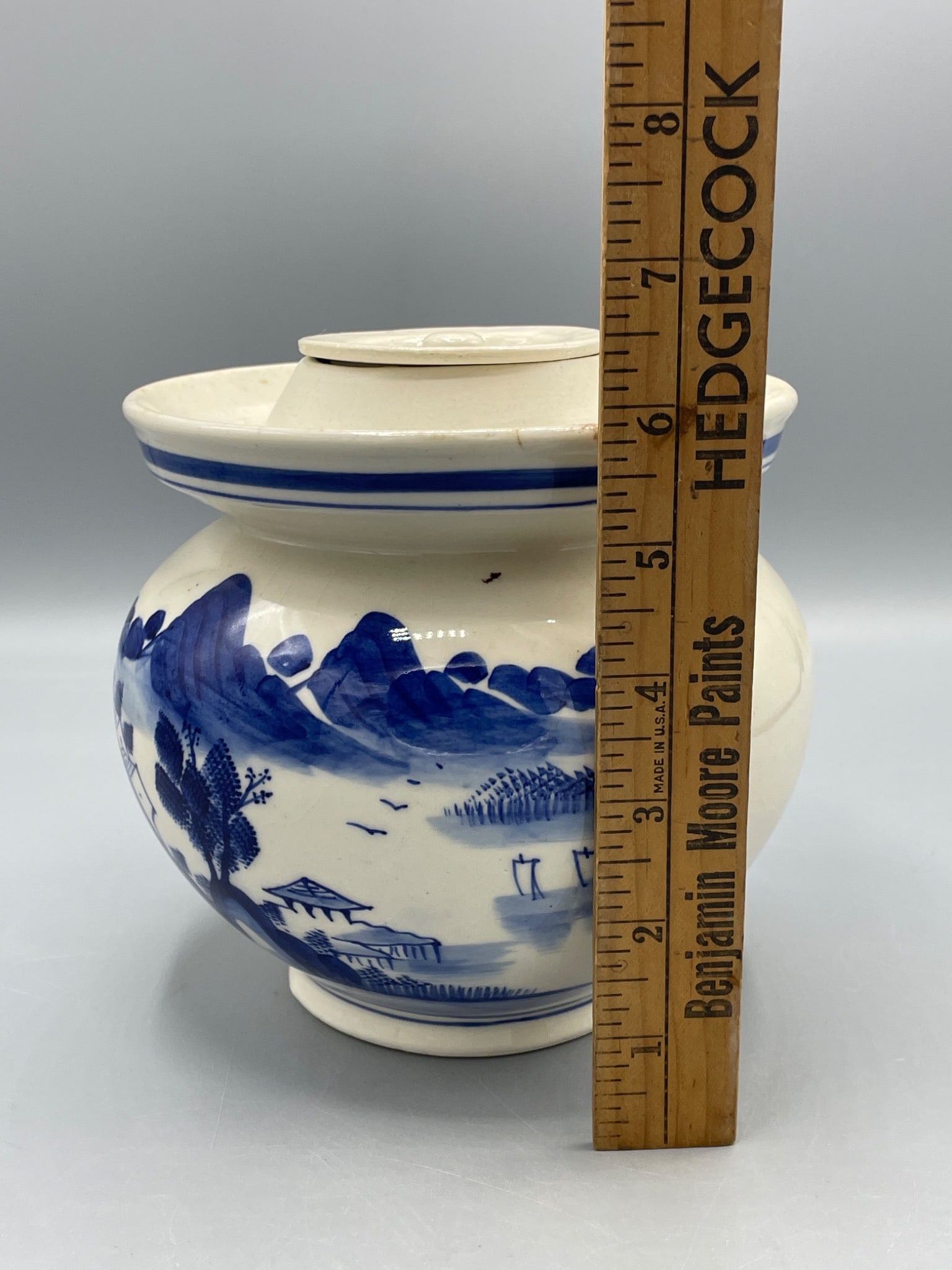 Chinese Ceramic Jar with Lid, Blue and White Landscape Design, Made in PRC - 6