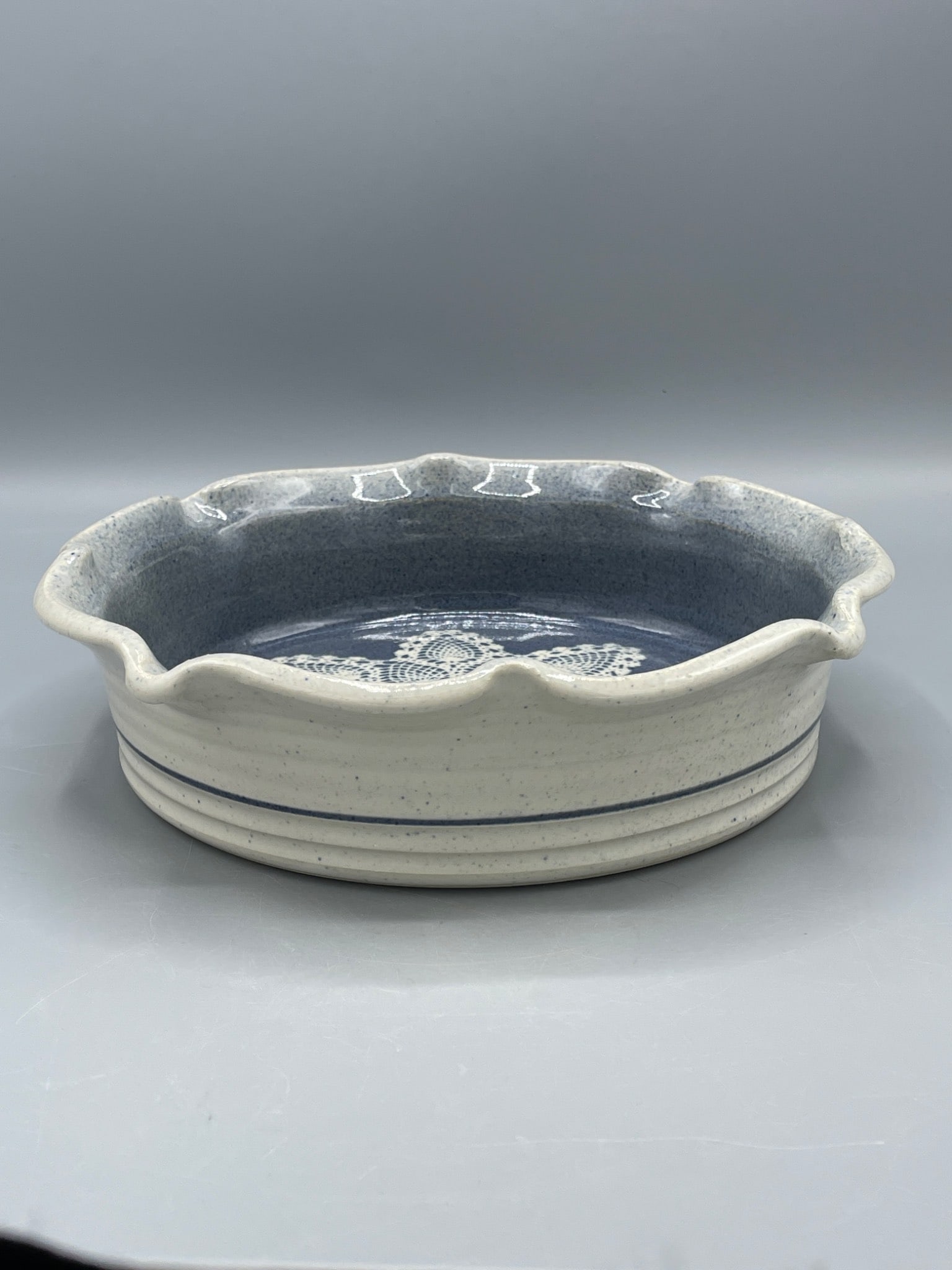 Handcrafted Ceramic Bowl With Lace Imprint, Signed And Dated 4/23/03 - 2