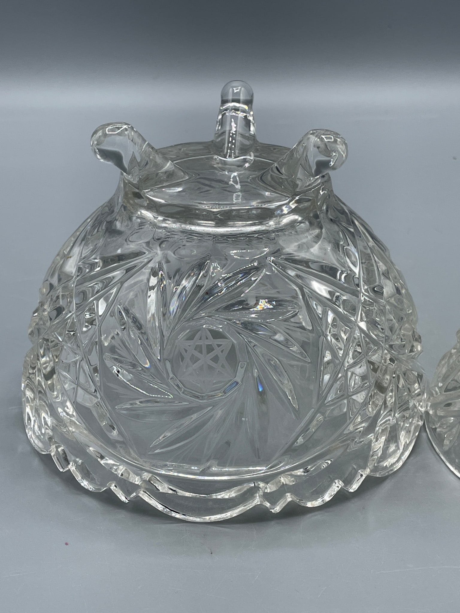 Clear Cut Glass Pedestal Candy Dish With Lid And Star Etching - 7
