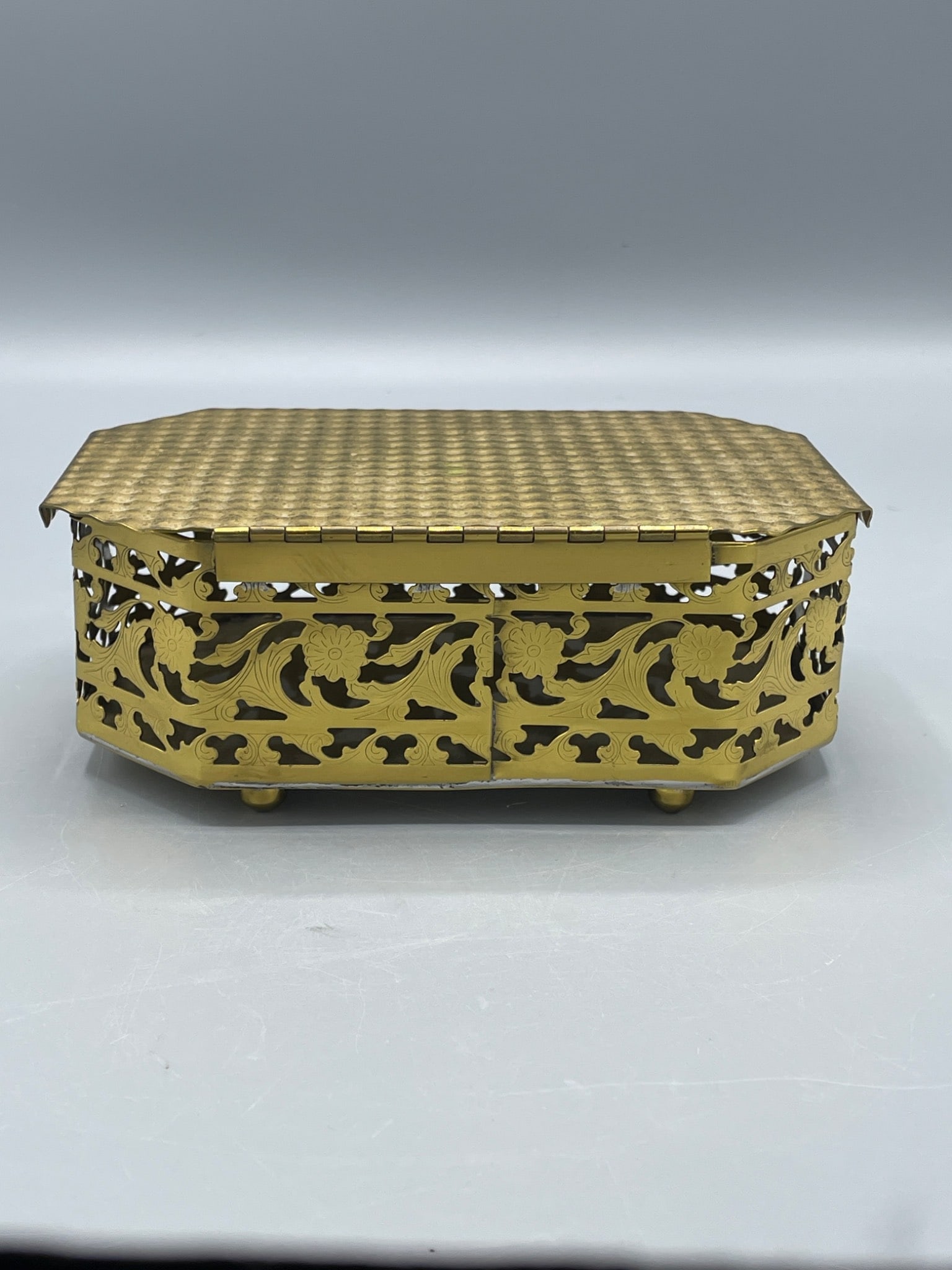 Brass-Plated Decorative Octagonal Box with Pierced Floral Design and Lid - 2