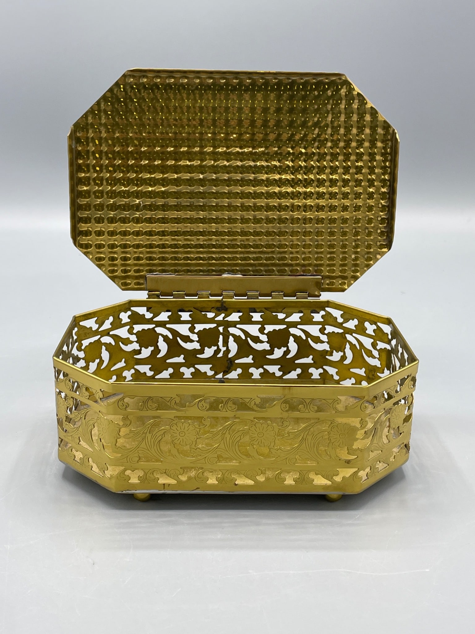 Brass-Plated Decorative Octagonal Box with Pierced Floral Design and Lid - 3