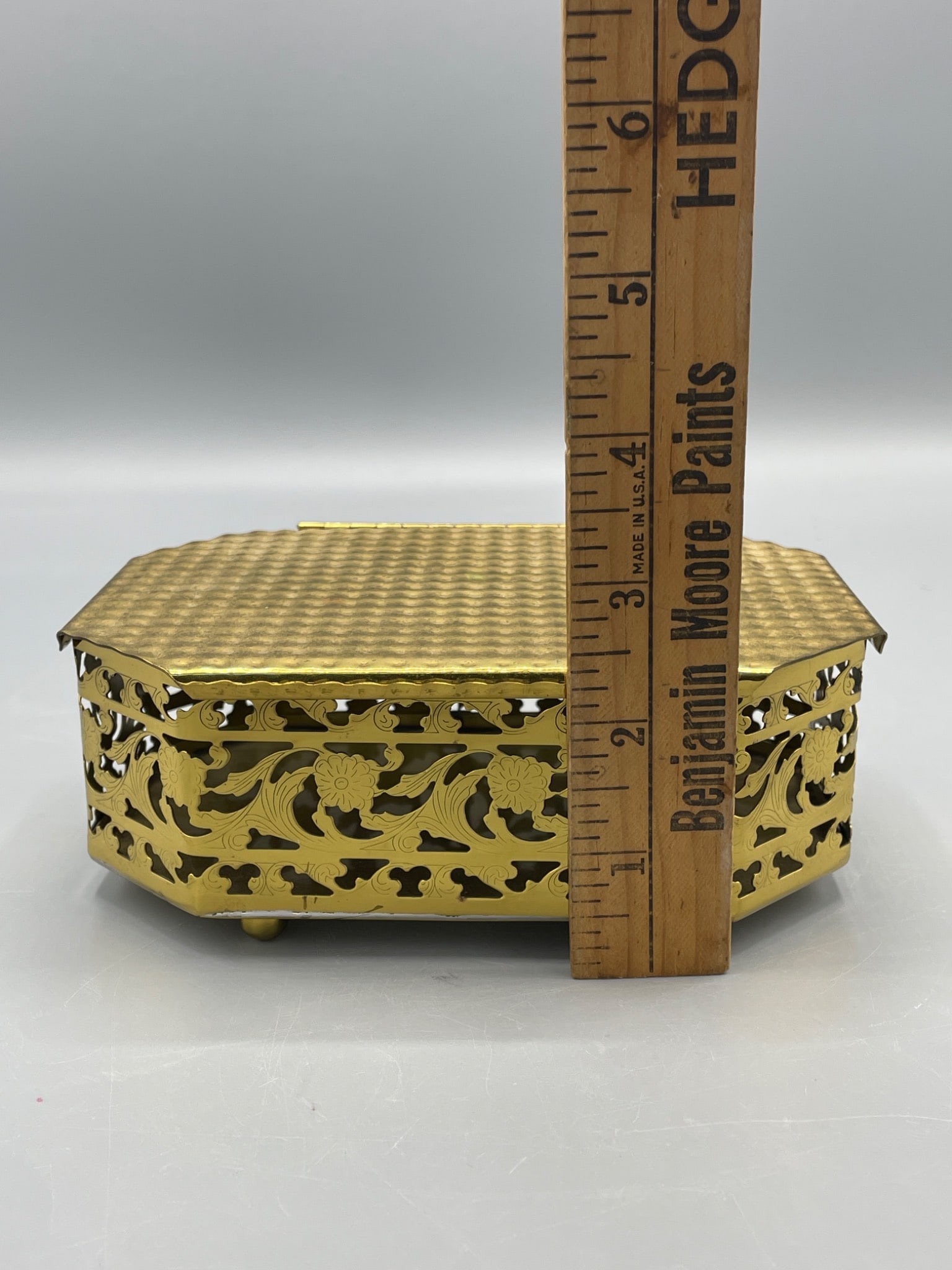 Brass-Plated Decorative Octagonal Box with Pierced Floral Design and Lid - 6