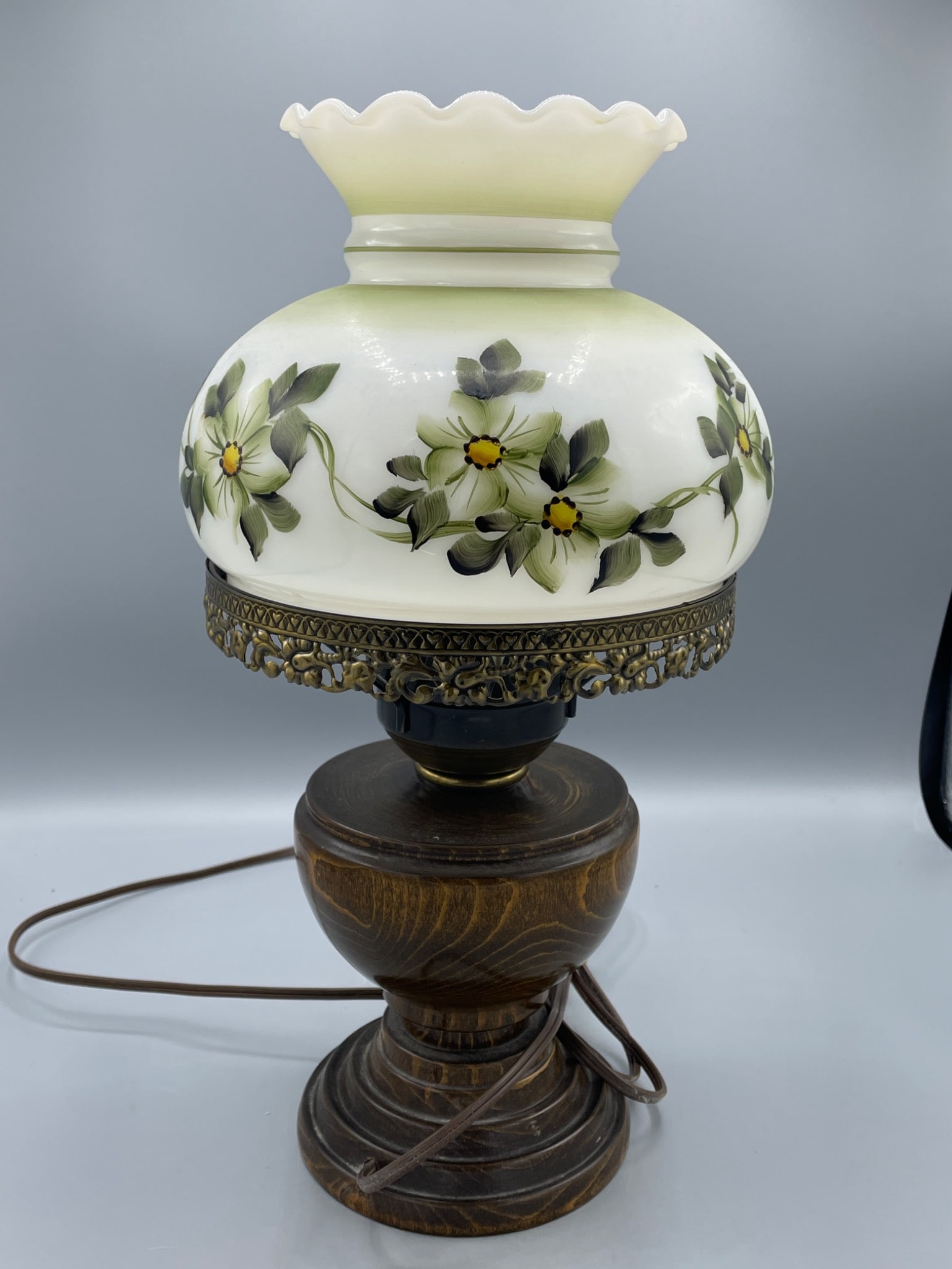 Electric Table Lamp with Painted Floral Glass Shade and Wooden Base - 2