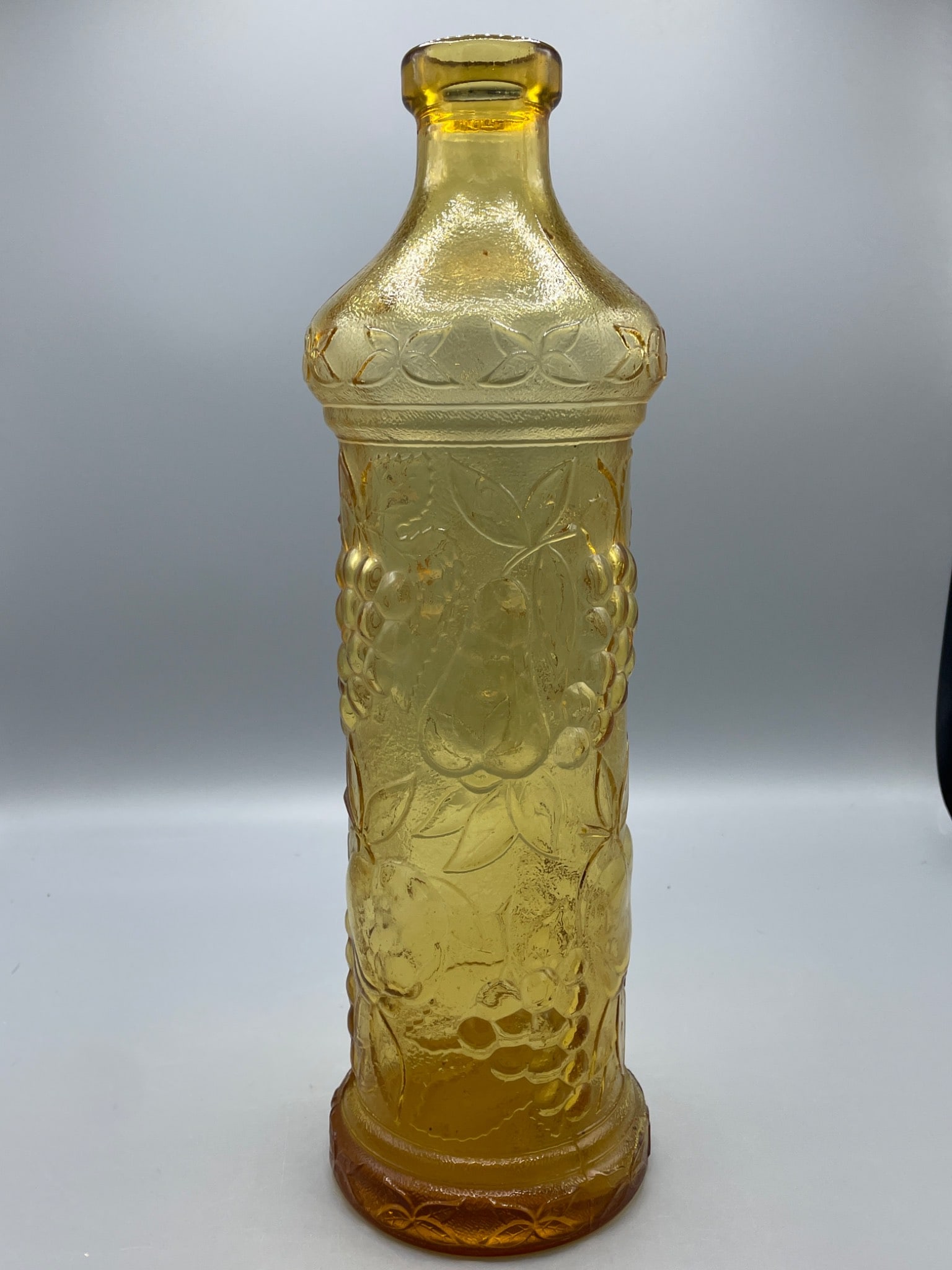 Amber-Colored Pressed Glass Bottle With Embossed Fruit Design - 2