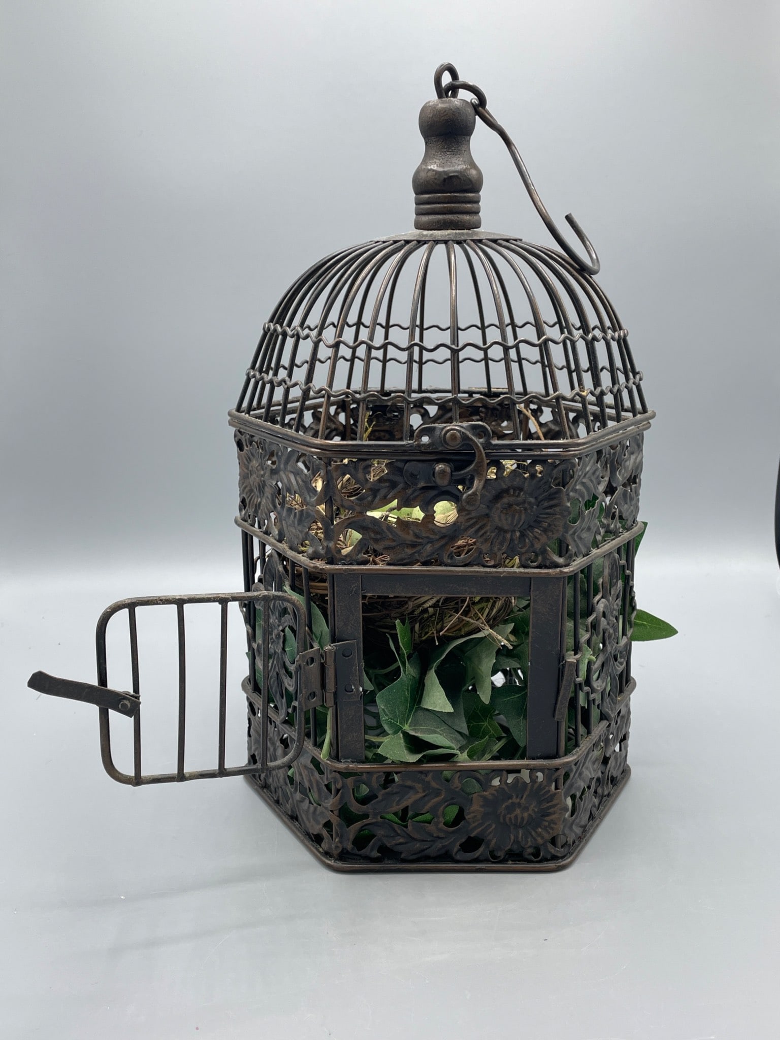 Metal Hexagonal Decorative Cage with Floral Details - 2