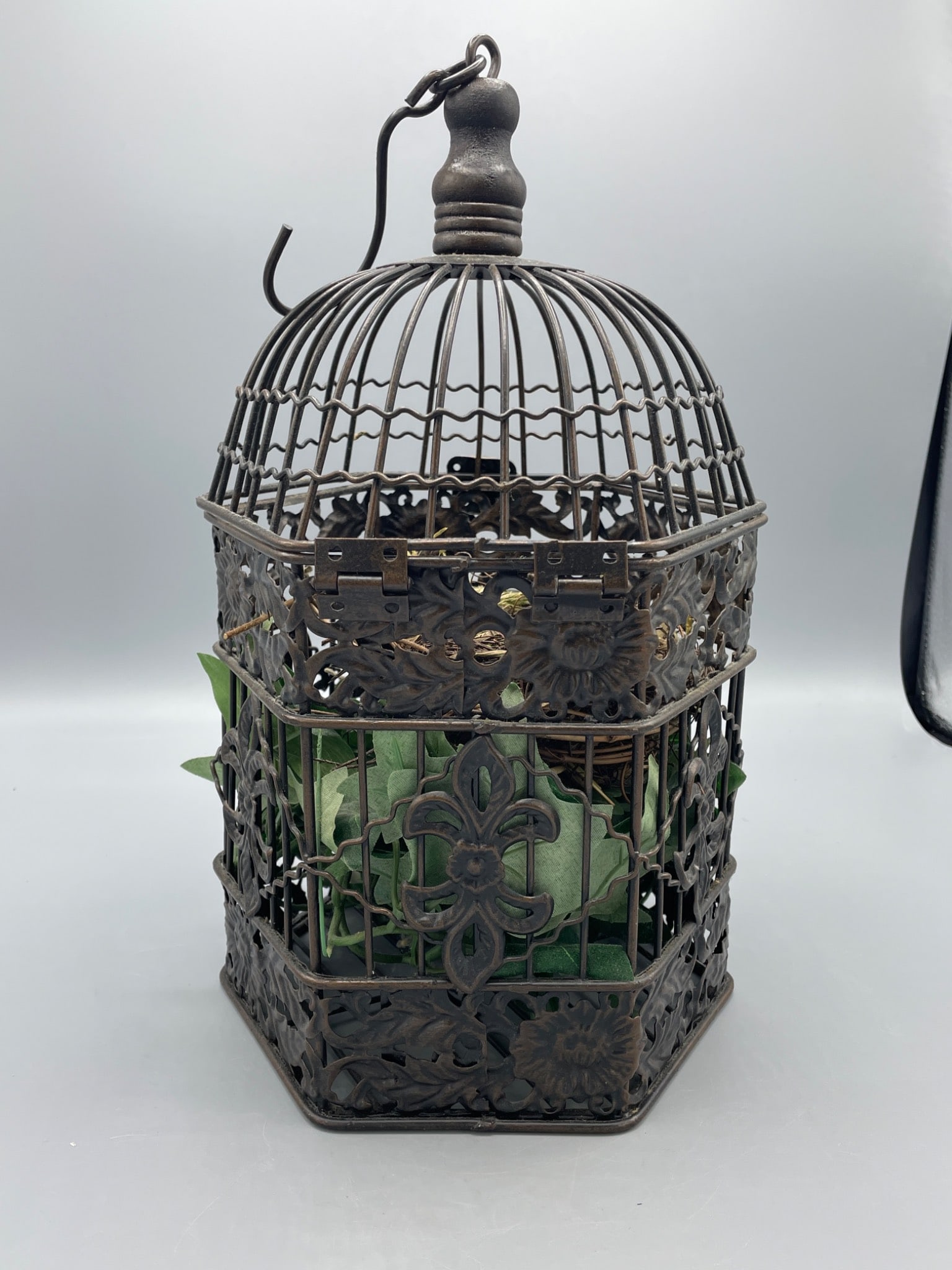 Metal Hexagonal Decorative Cage with Floral Details - 3