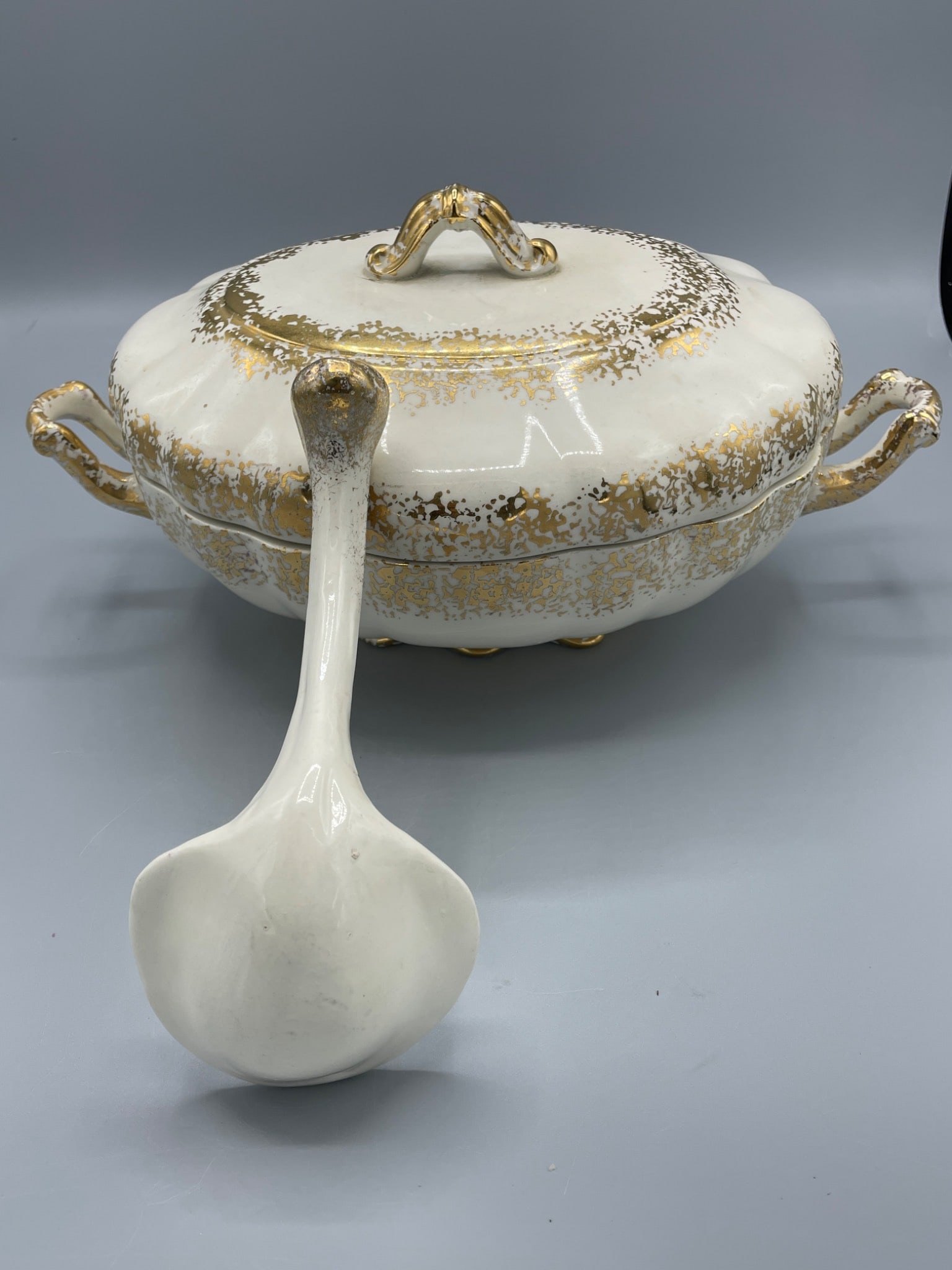 Lidded Ceramic Tureen With Handles And Ladle, Hand-Painted Gold Detailing - 2