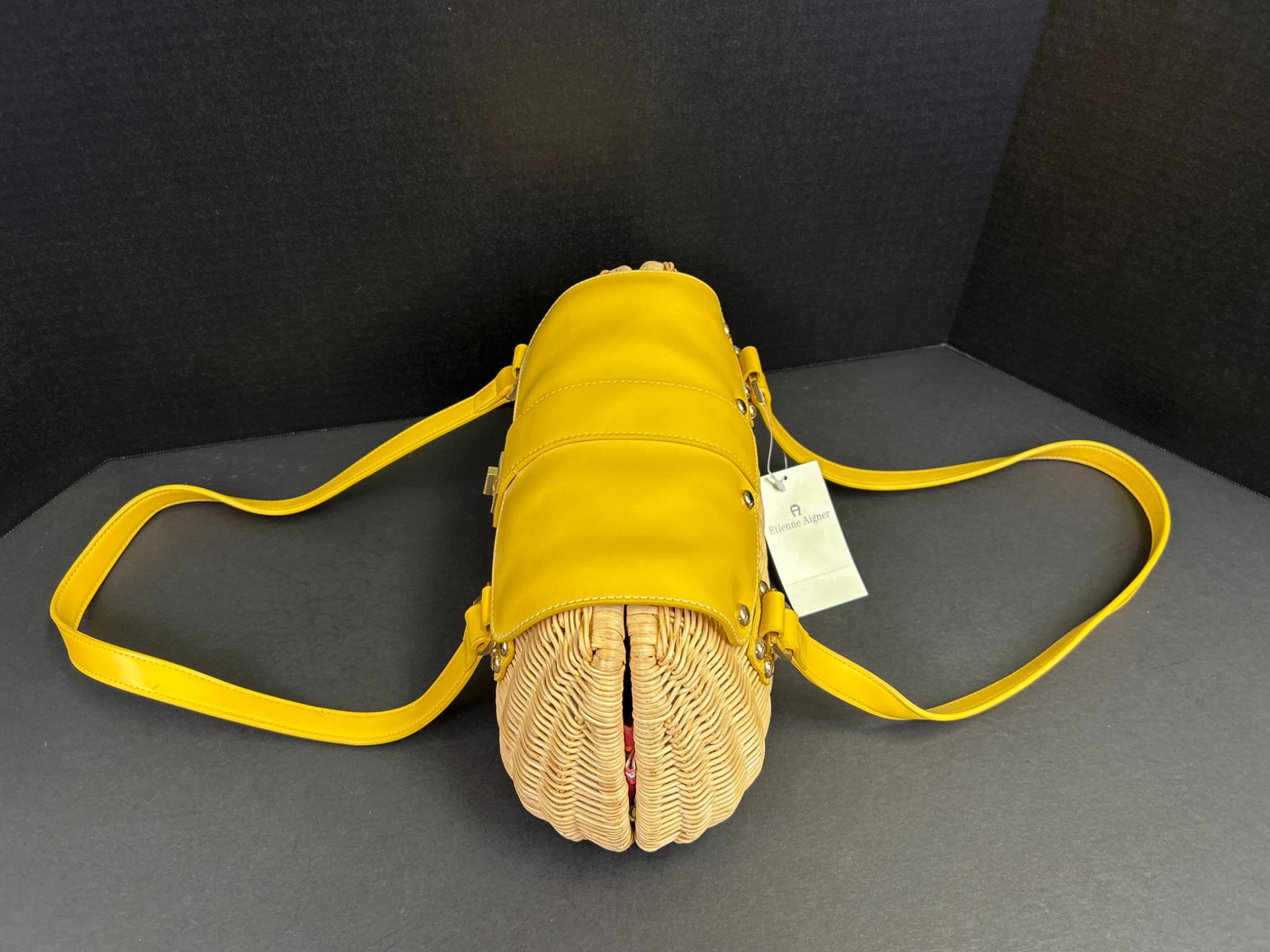 Etienne Aigner Yellow Handle Wicker Bag With Floral Interior - 2