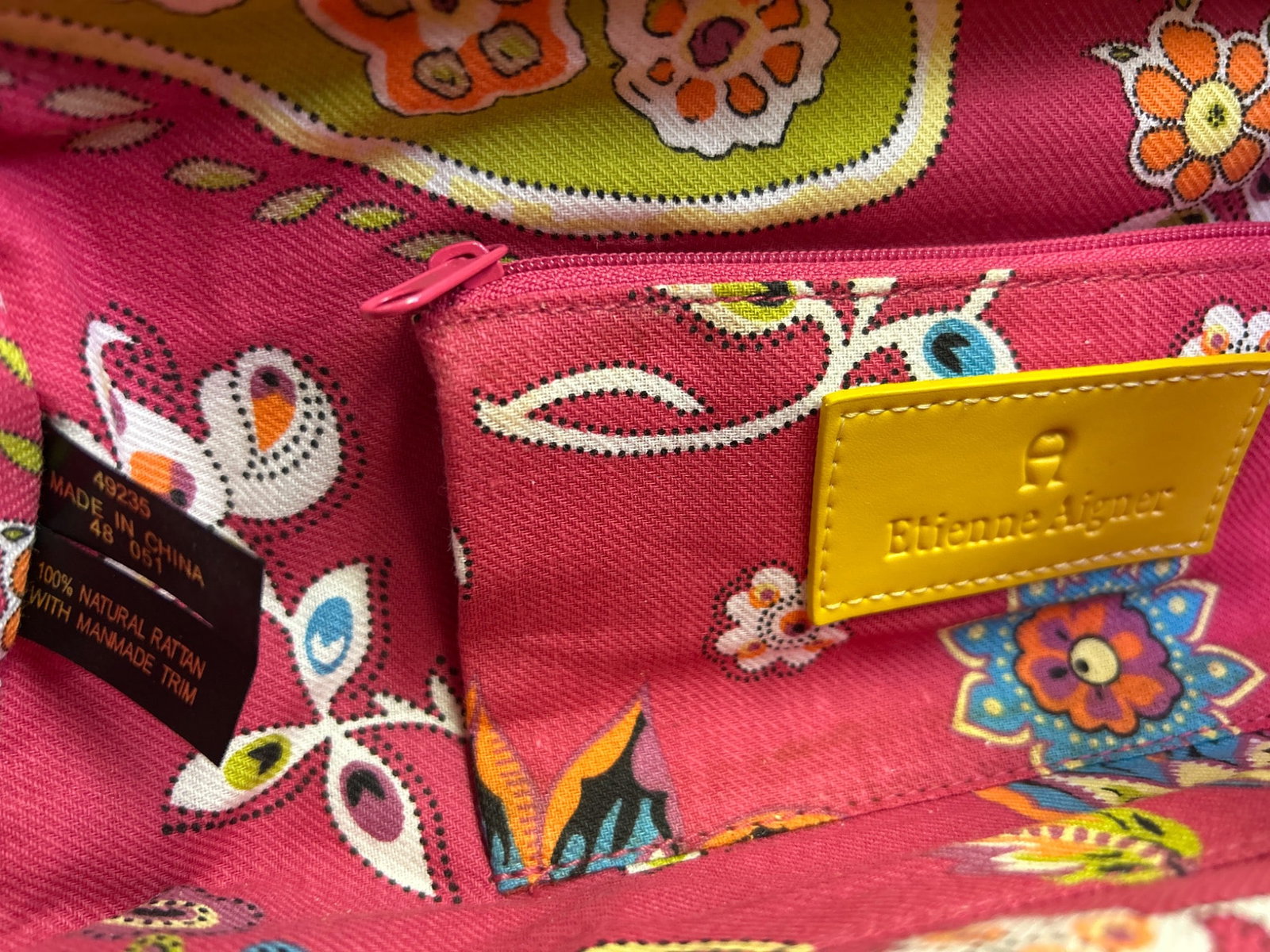Etienne Aigner Yellow Handle Wicker Bag With Floral Interior - 3
