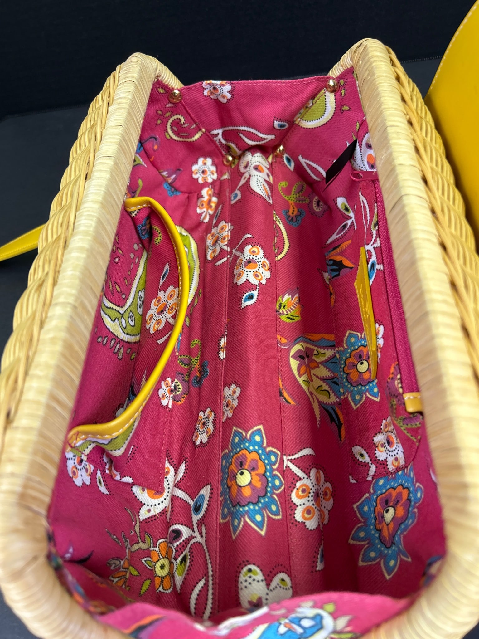 Etienne Aigner Yellow Handle Wicker Bag With Floral Interior - 4