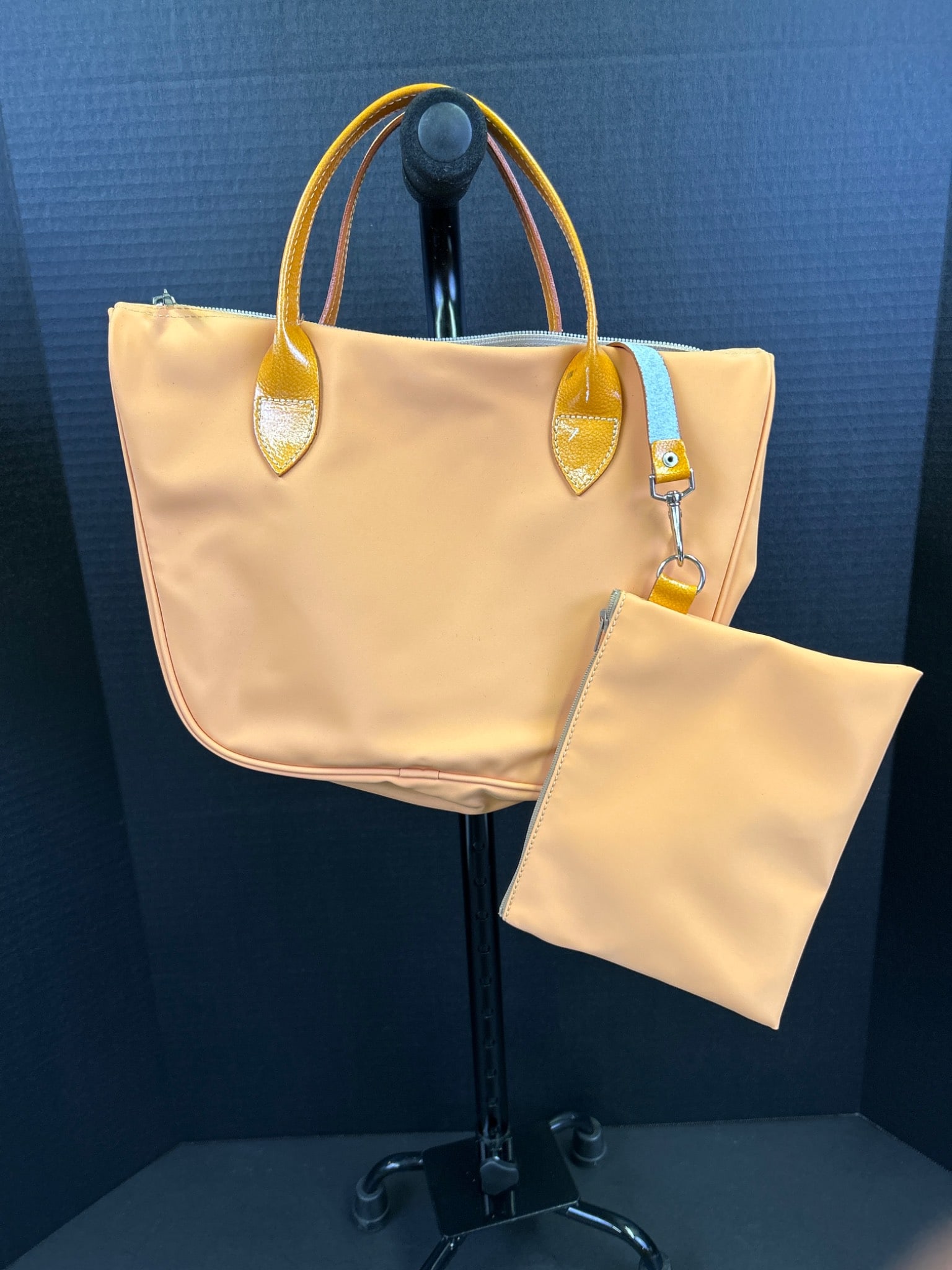 Two-Piece Handbag Set with Matching Pouch, Beige with Yellow Trim - 2
