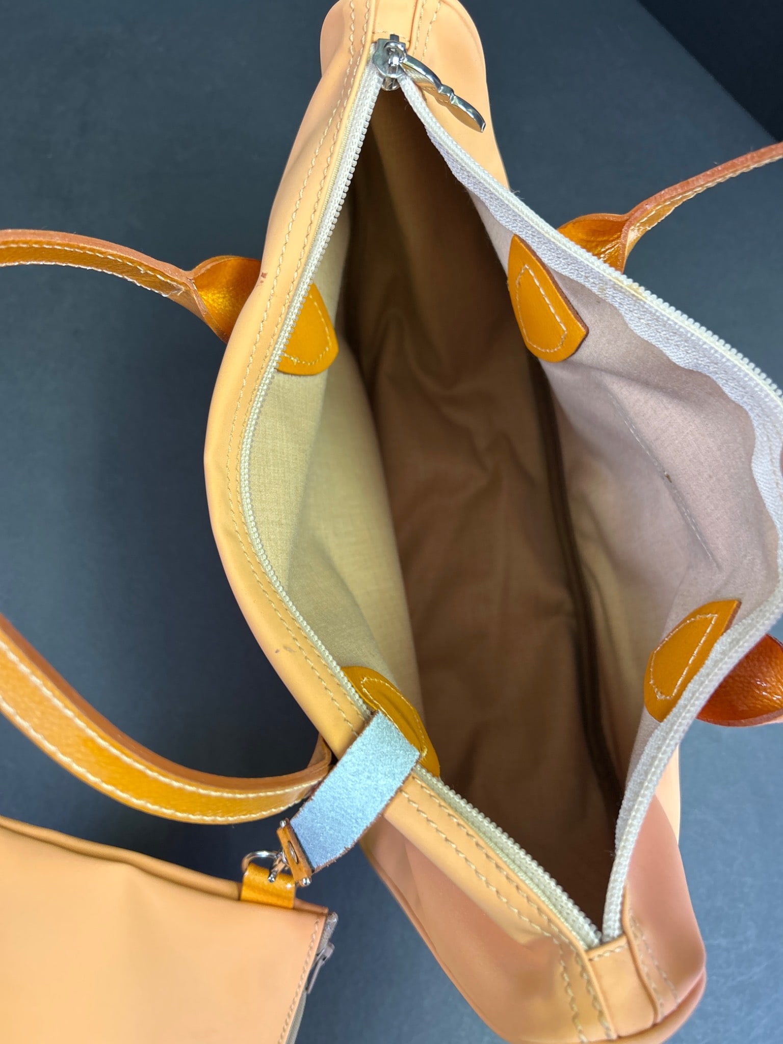 Two-Piece Handbag Set with Matching Pouch, Beige with Yellow Trim - 3