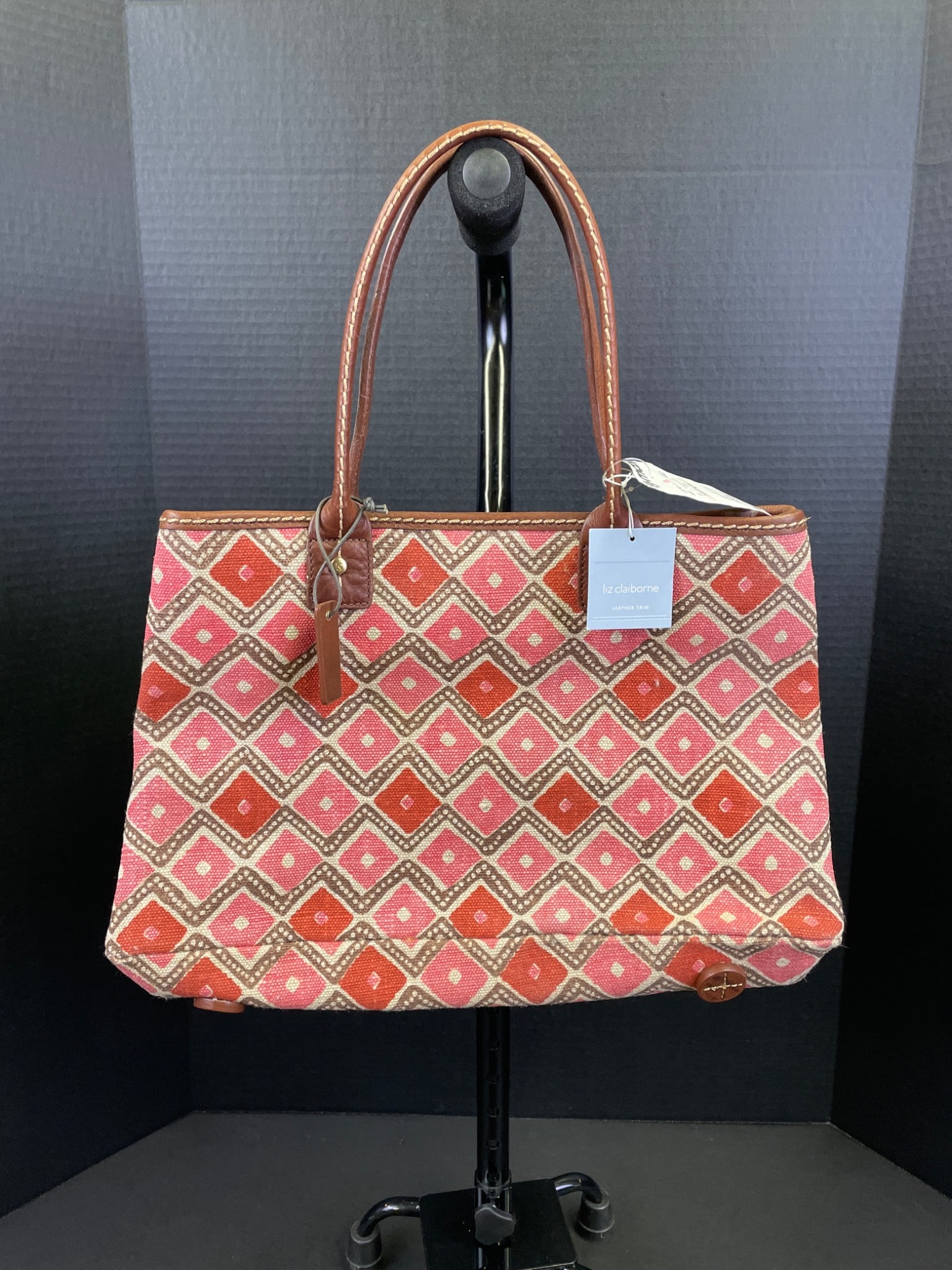 Liz Claiborne Fabric Tote Bag With Diamond Pattern and Leather Handles (1 of 4)