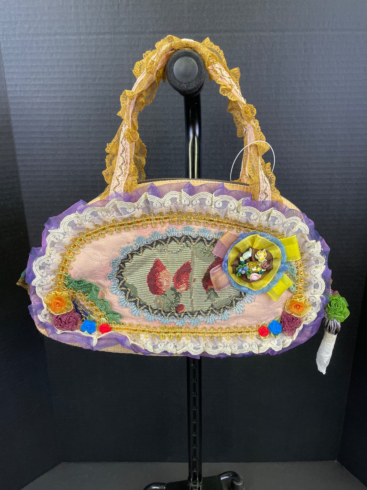 Colorful Handcrafted Fabric and Lace Bag with Zipper Closure (1 of 3)