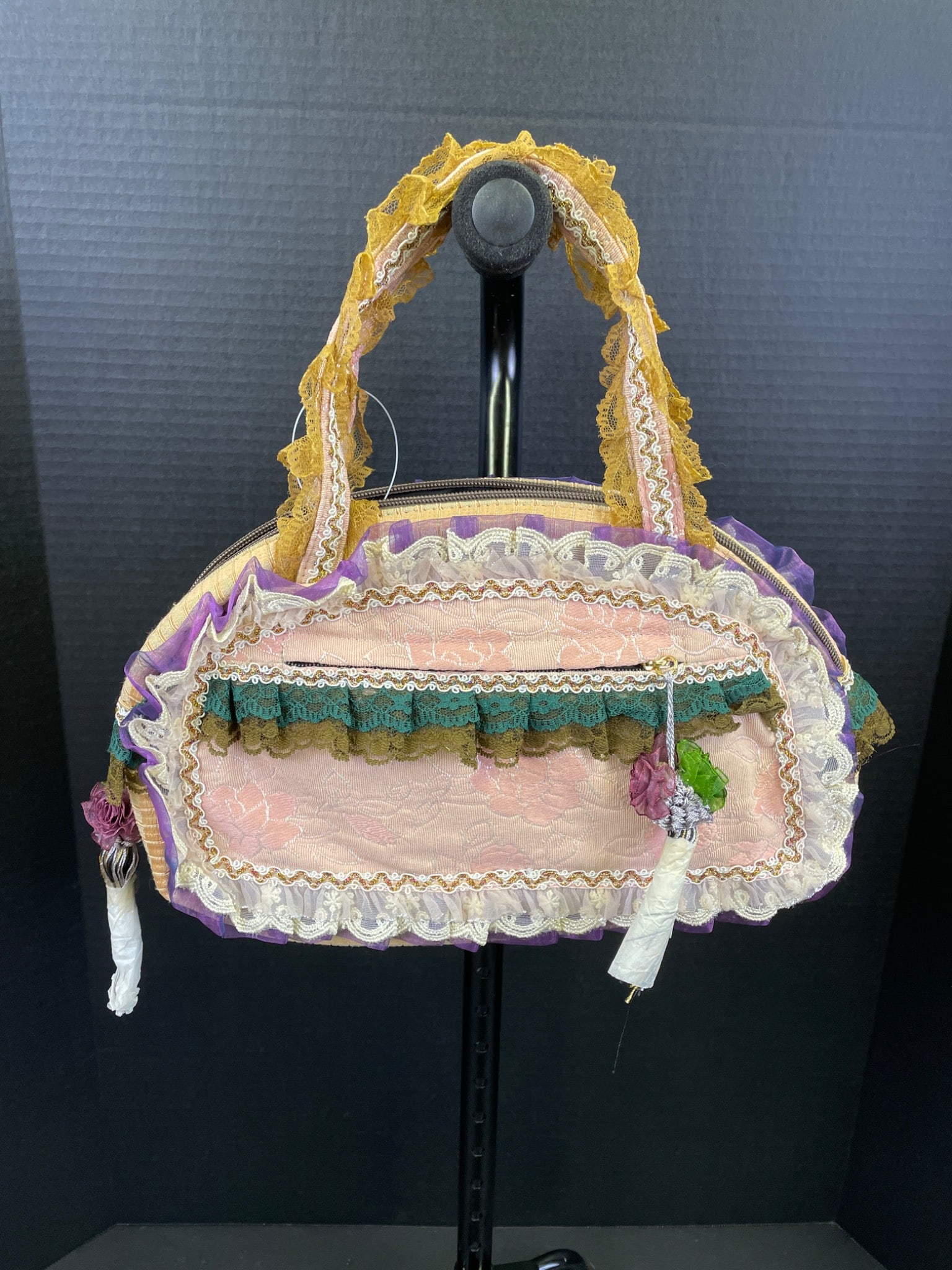 Colorful Handcrafted Fabric and Lace Bag with Zipper Closure - 2