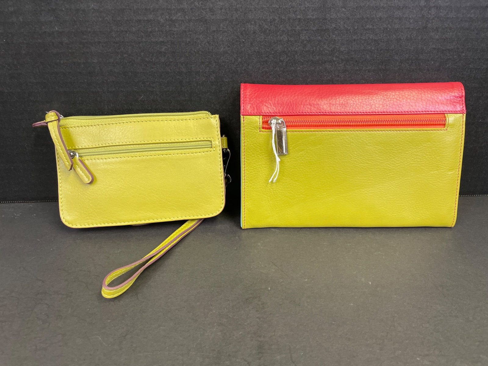Two Leather Wallets: Green Wristlet and Tri-Color Envelope Clutch - 2