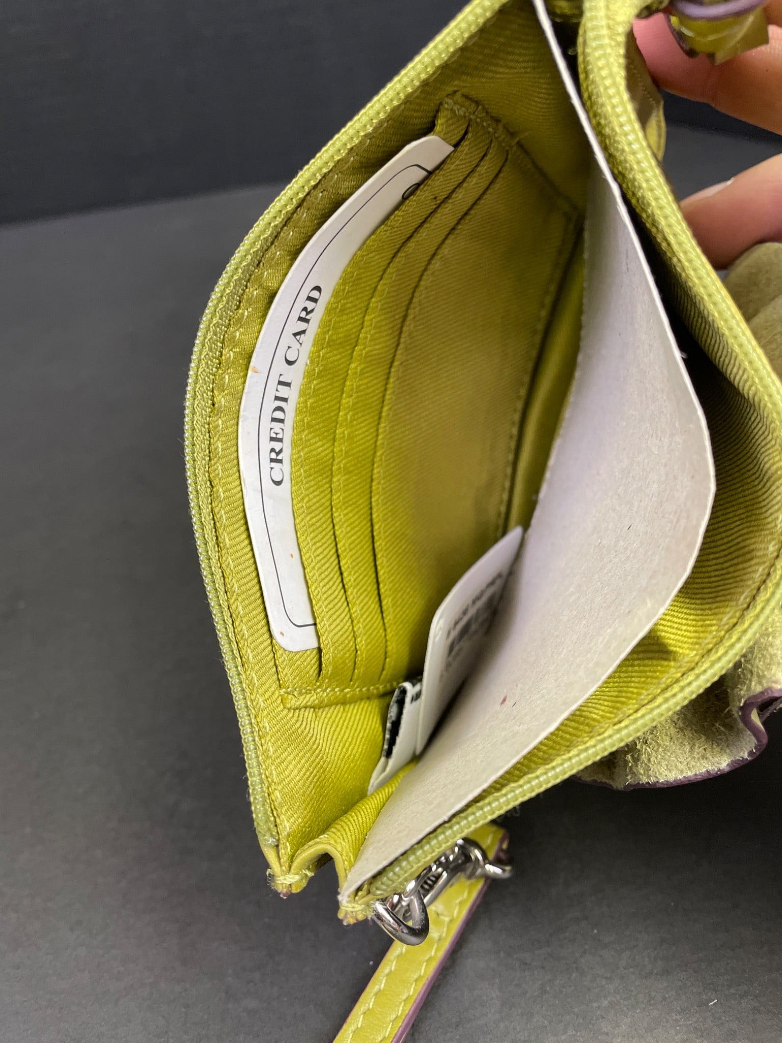 Two Leather Wallets: Green Wristlet and Tri-Color Envelope Clutch - 3