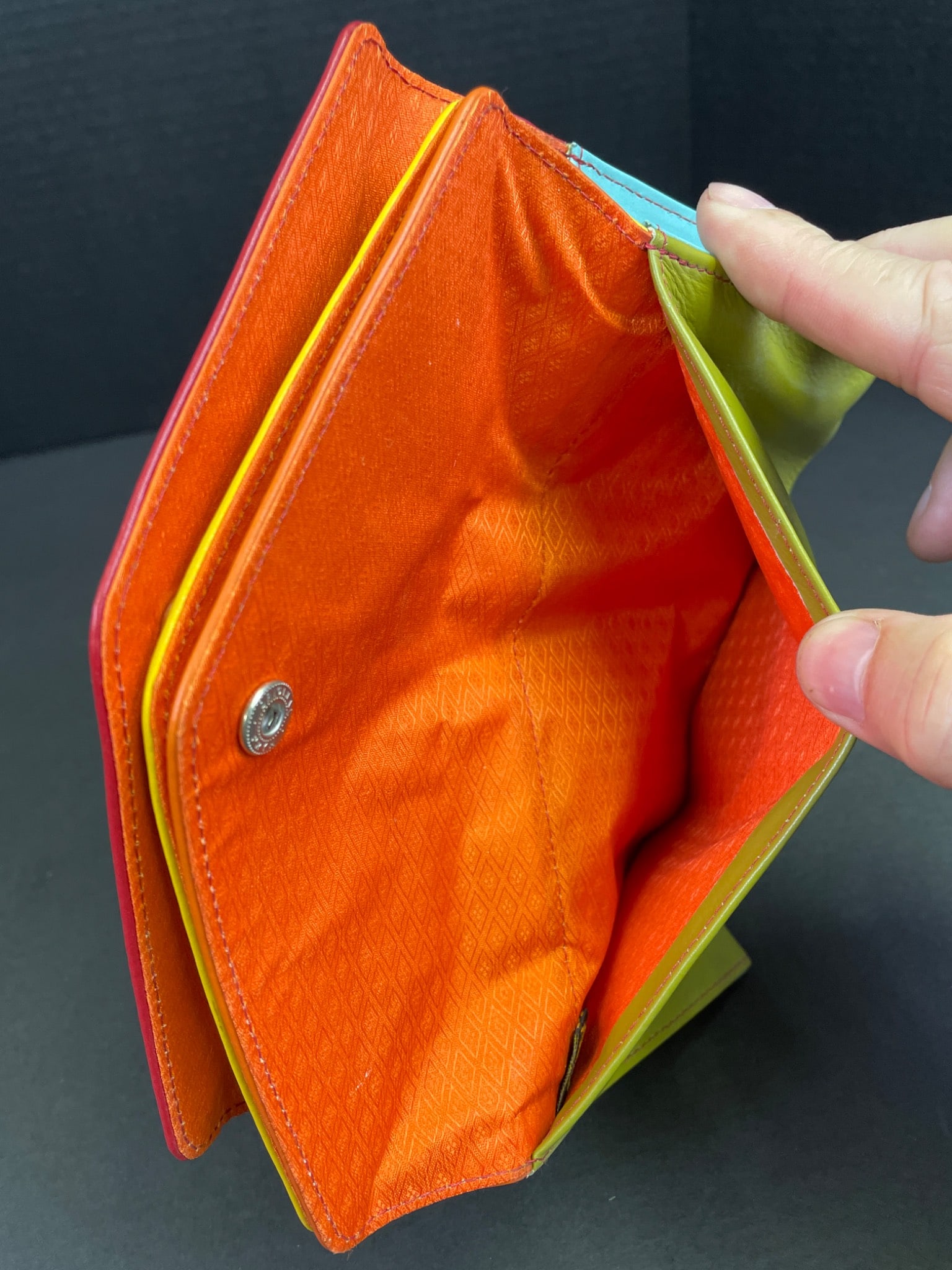 Two Leather Wallets: Green Wristlet and Tri-Color Envelope Clutch - 4
