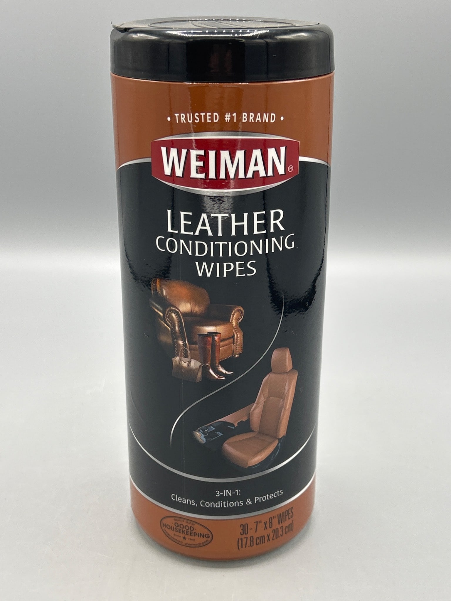 Weiman Leather Conditioning Wipes, 30-Count Canister: This is a 30-count canister of Weiman Leather Conditioning Wipes, designed to clean, moisturize, and protect a variety of leather surfaces, including furniture, car interiors, shoes, and more. The