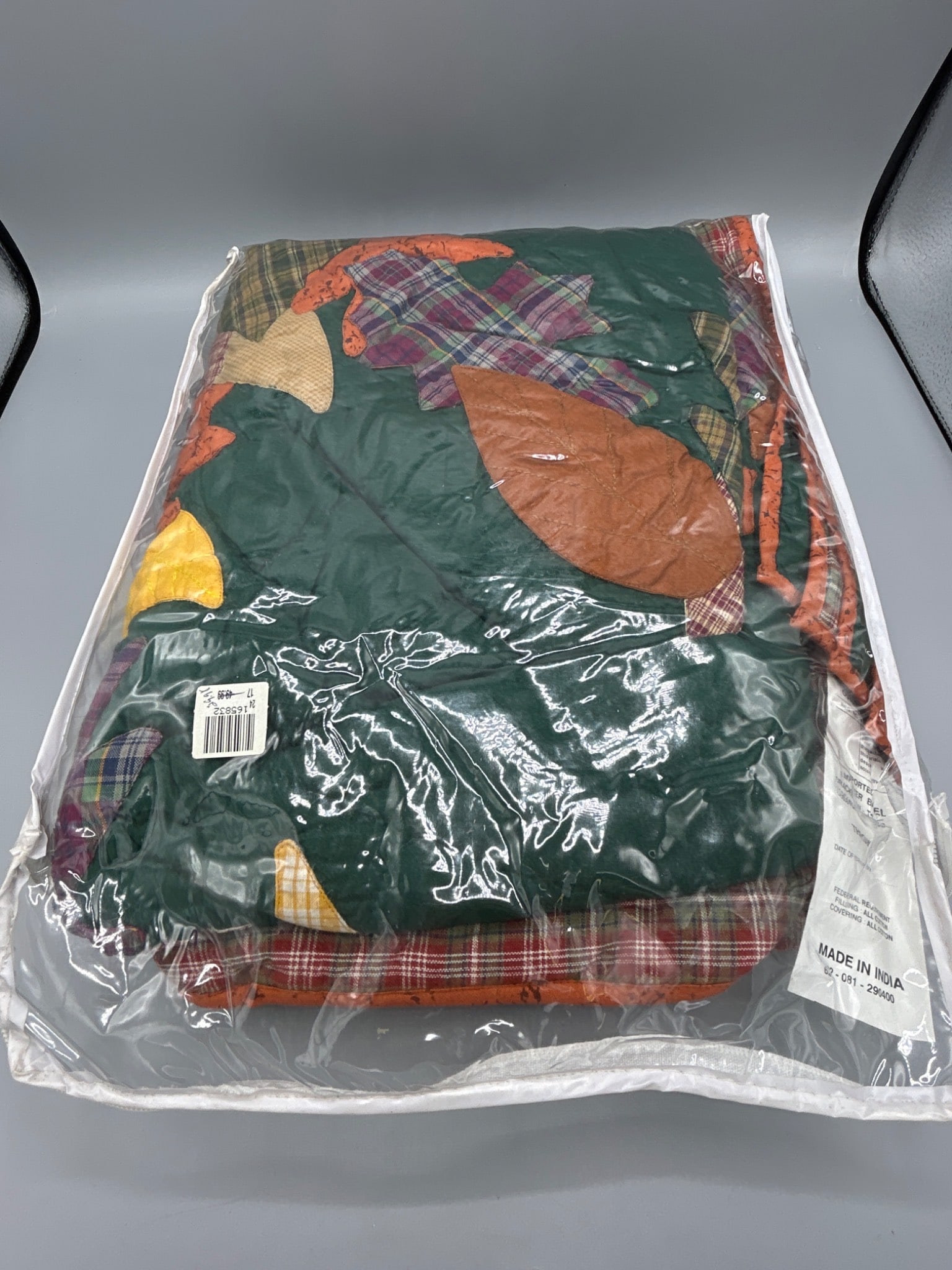 Cracker Barrel Imported All-Cotton Throw, Made in India: A throw imported by Cracker Barrel, manufactured in India, model number 62-081-290400. It is made with all-cotton filling and covering, as specified on the labeling. It measures approximately 50