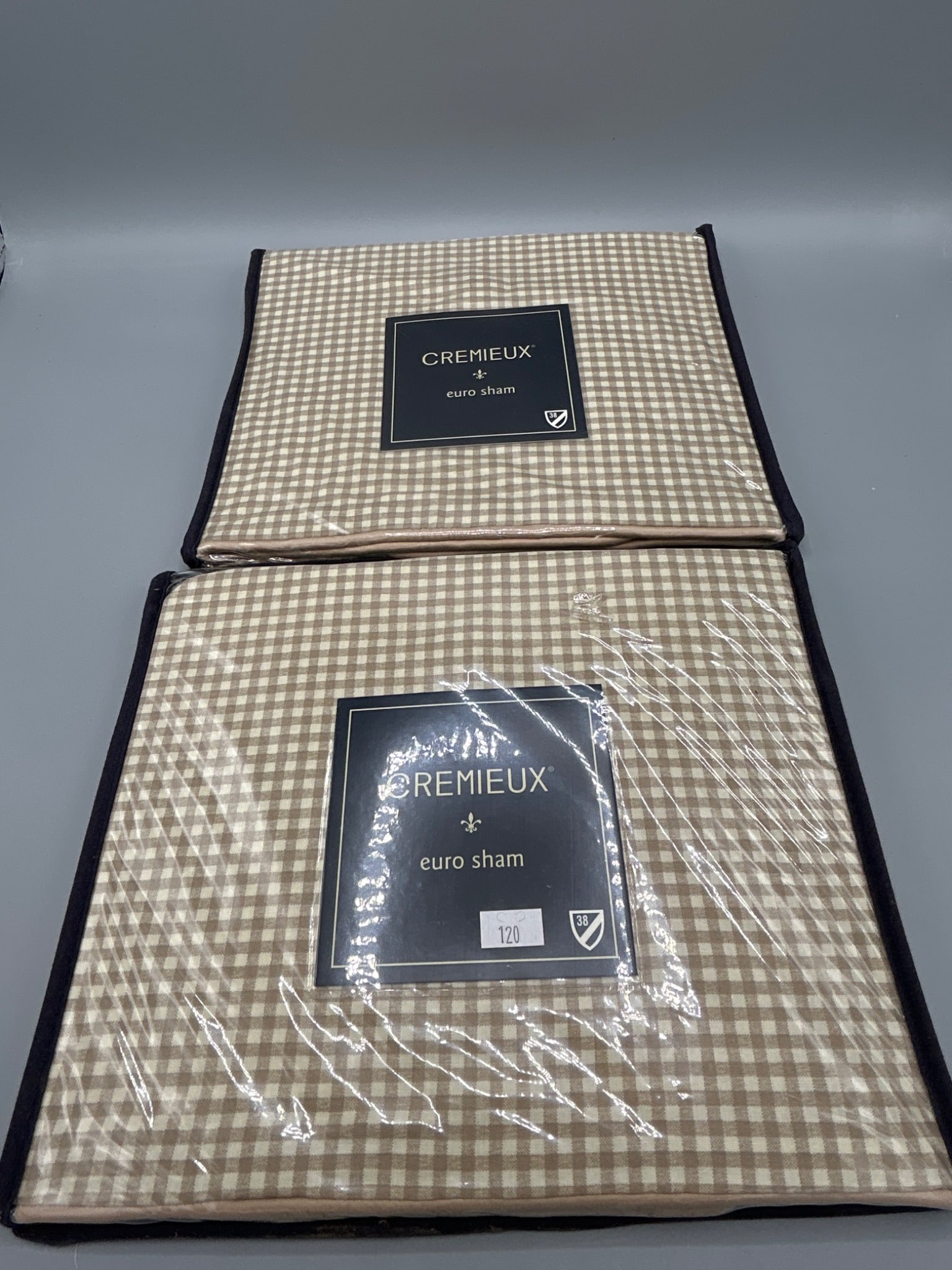 Two Cremieux Euro Sham, 26 x 26 Inches, Checkered Pattern, Model 38: Cremieux Euro Sham with dimensions of 26 x 26 inches (66 x 66 cm). Features a beige and white checkered pattern. Manufactured by Cremieux, model number 38. Made of 100% cotton. Item is in its