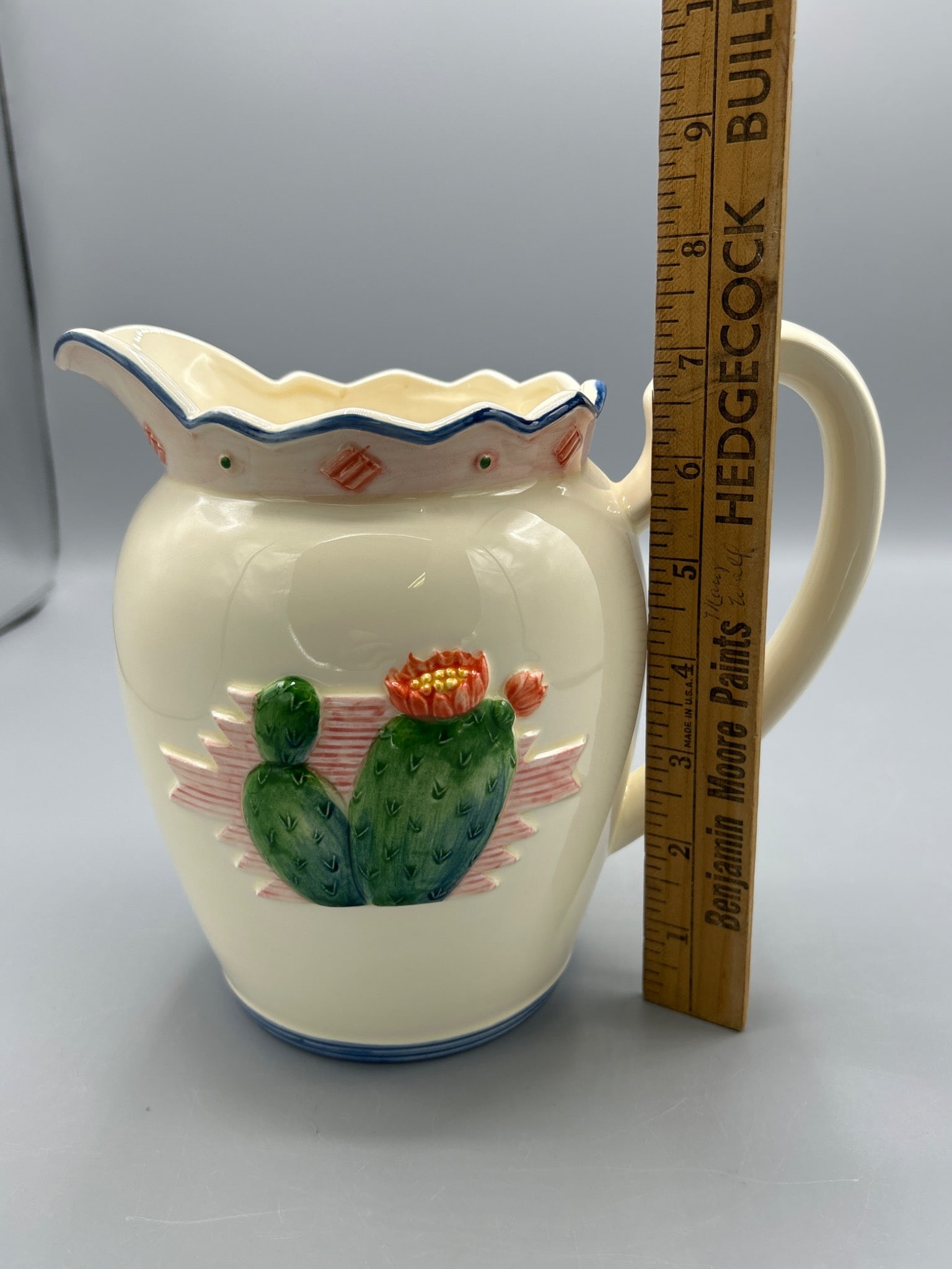 Mary Ann Baker Ceramic Pitcher with Cactus Design, Crafted in Japan - 6
